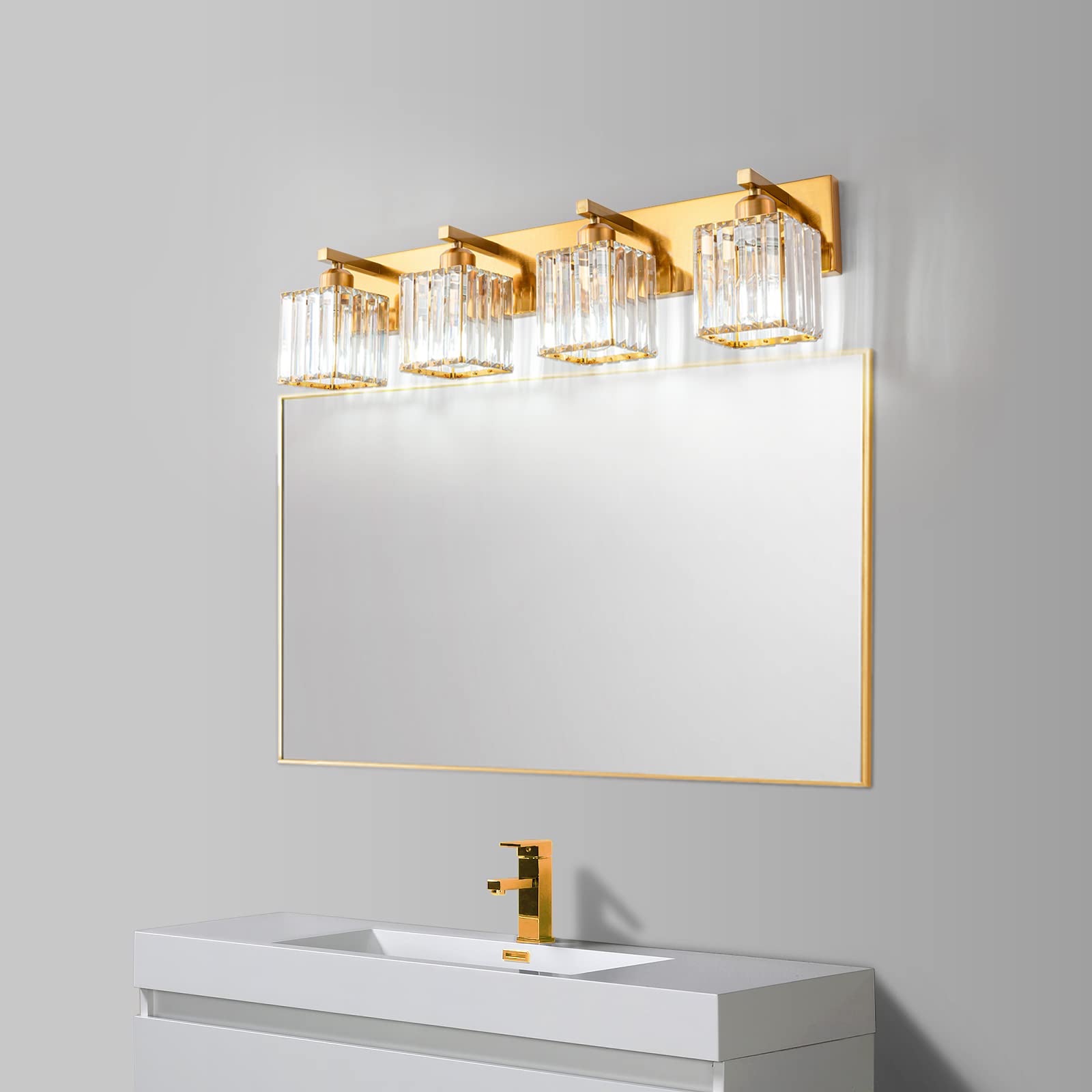 Fdpby Modern 4-Light Gold Brushed Brass Finish Crystal Bathroom Vanity Light Fixtures