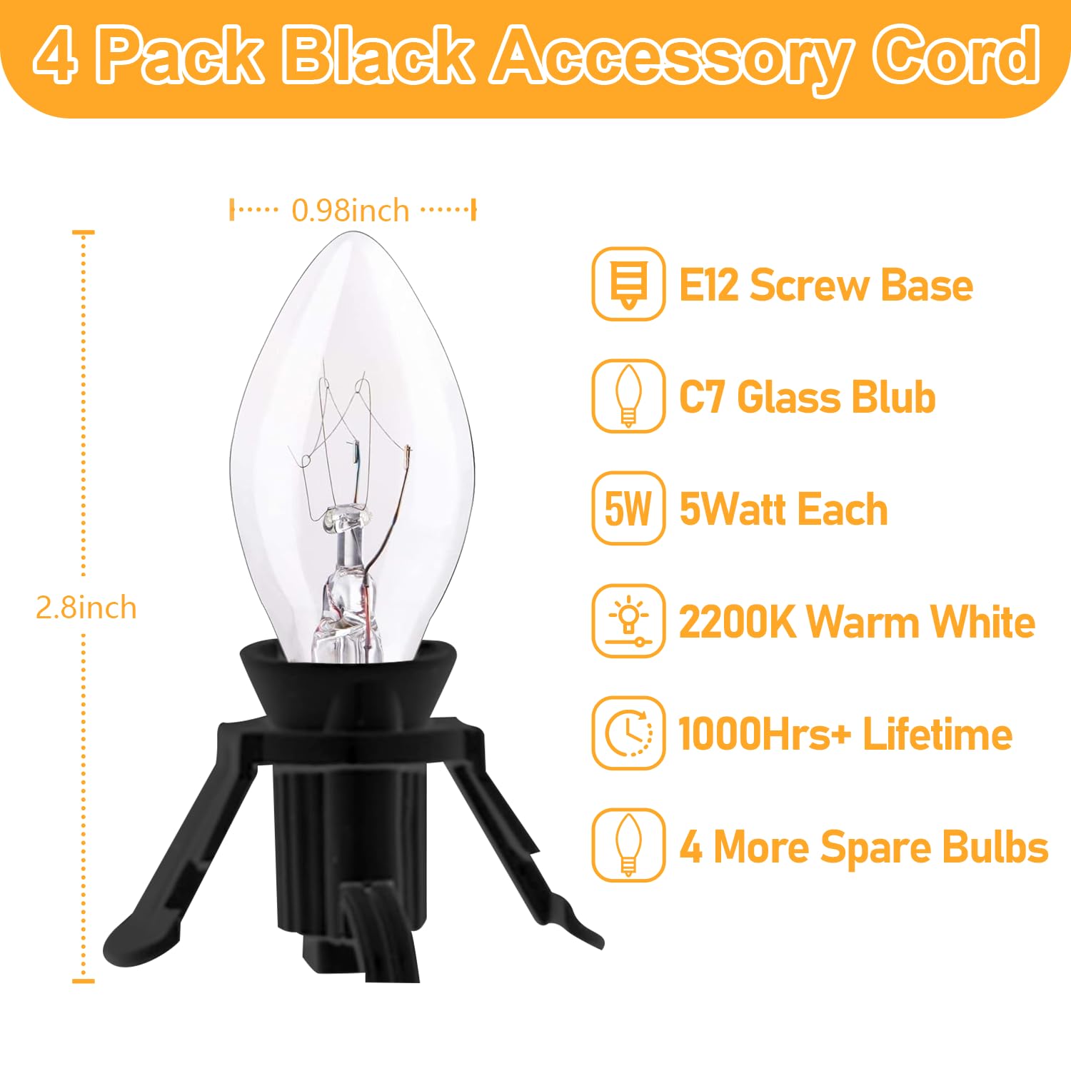 4 Pack Black Accessory Cord With 8Pcs C7 Bulbs (4 For Spare), 6 Feet Clip-In Lamp Cord With On/Off, Light Up Halloween Xmas Deco
