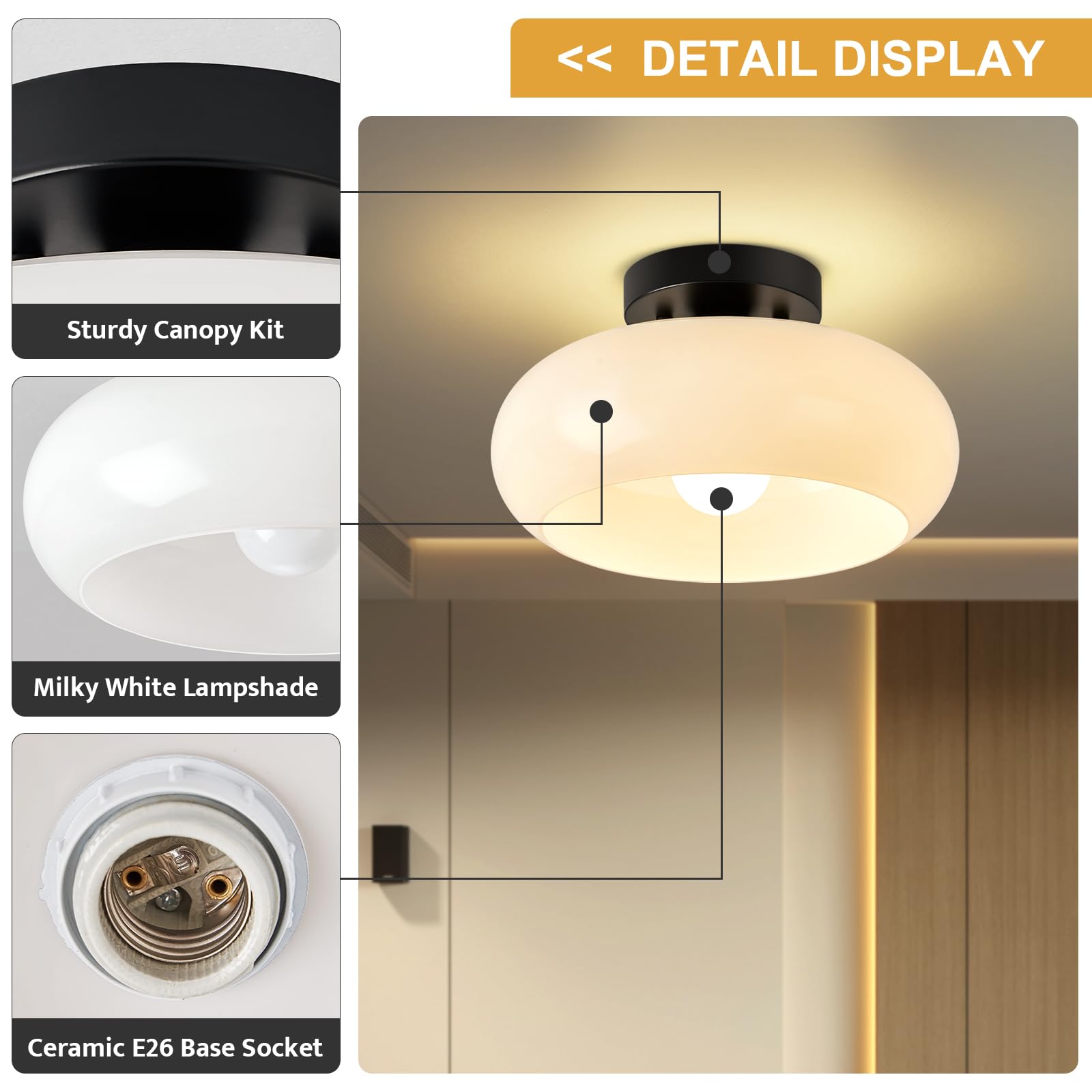 Mid-Century Modern Black Semi Flush Mount Ceiling Light,White Glass Dome Hallway Lighting Fixtures,Metal Close To Ceiling Lamp F