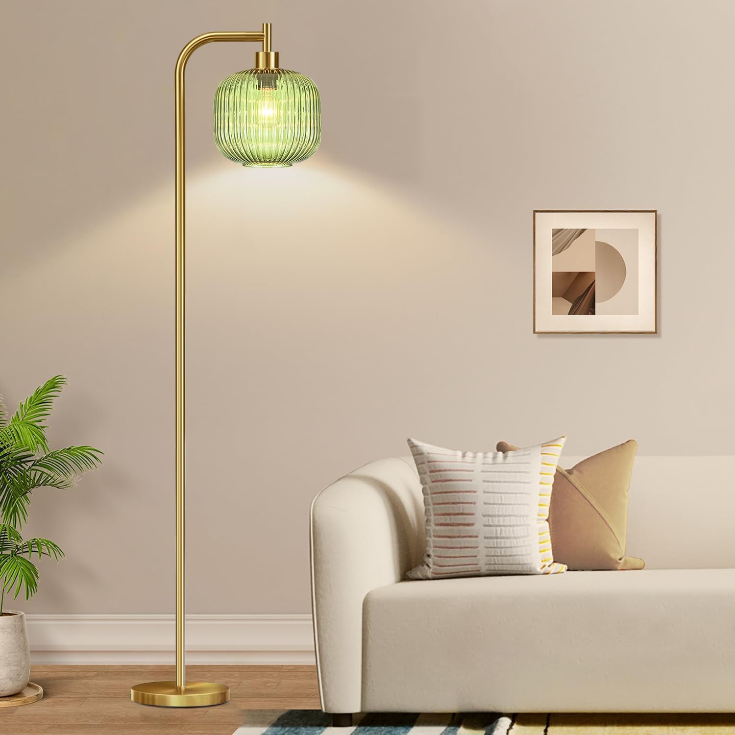 Illmtw Glass Floor Lamp For Living Room,Bedroom,Dimmable Standing Lamp With Remote,Gold Brass Tall Lamp Mid Century Modern Floor