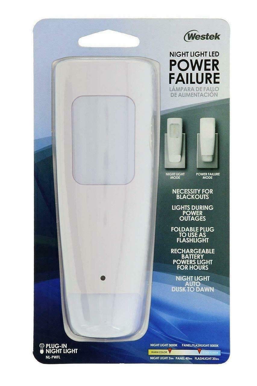 Westek Multi-Function LED Emergency Light - Rechargeable Flashlight & Night Light - Model NL-PWFL - White