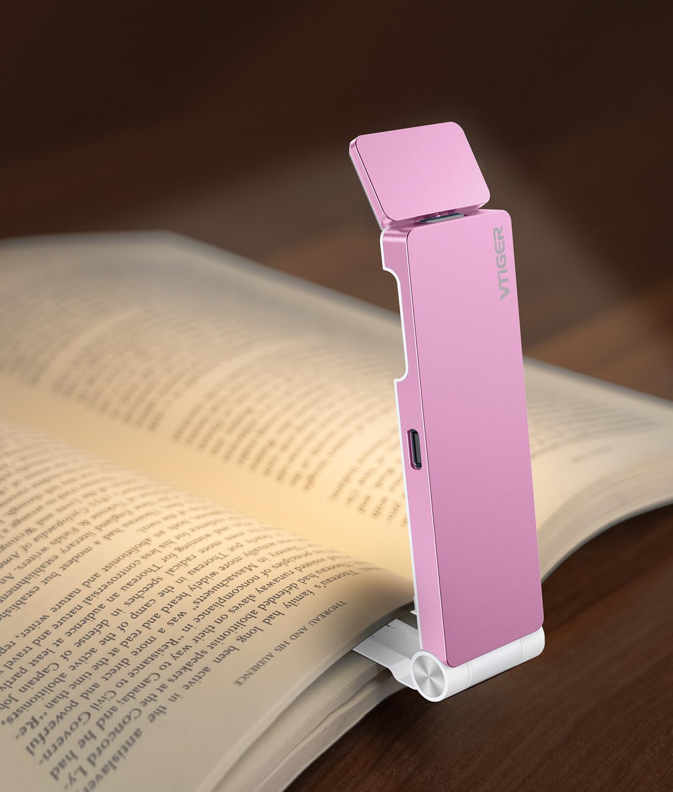 VTIGER USB Rechargeable Book Light, Foldable Clip-on, 3 Amber Colors, 4 Brightness Levels, Pink, Model B1