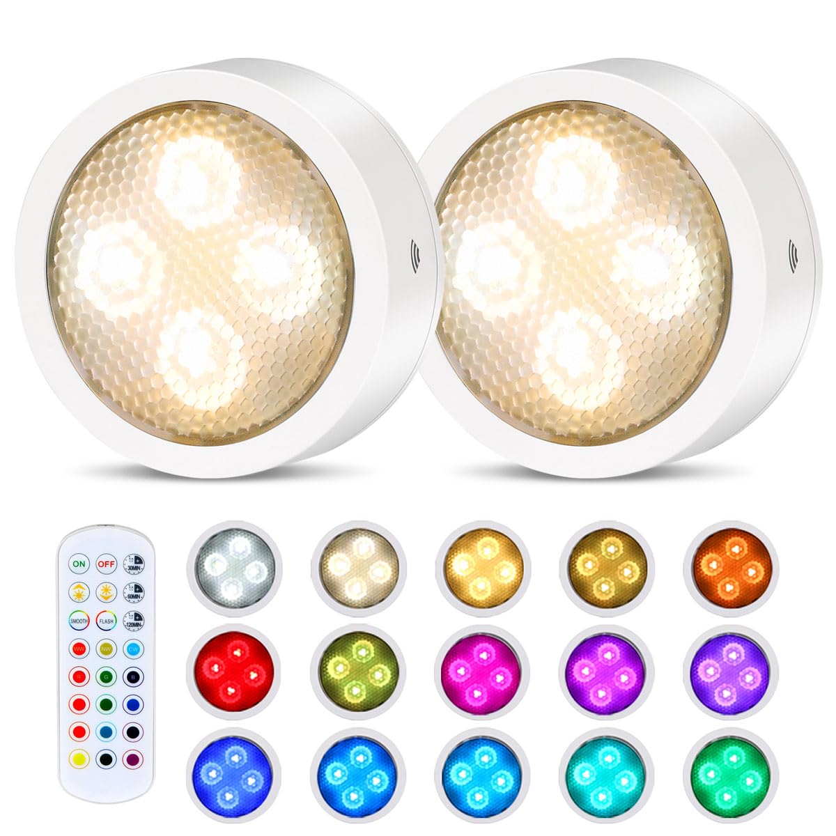Onumii Puck Lights Battery Operated with Remote Control, Color Changing, 2 Pack, White, Model T048
