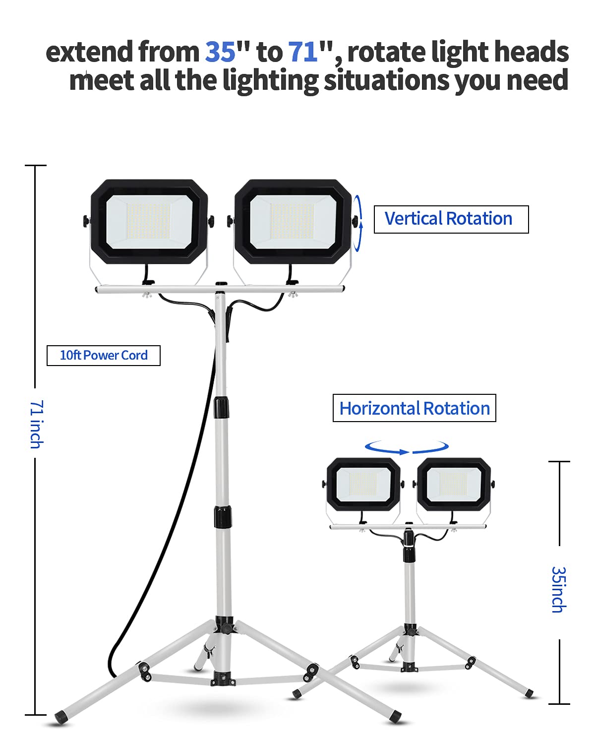 Ufond 20000 Lumen Work Lights With Stand, 200W Dual Head Led Work Light, Waterproof Lamp With Individual Switch, Adjustable Metal Telescoping Tripod 10Ft Power Cord