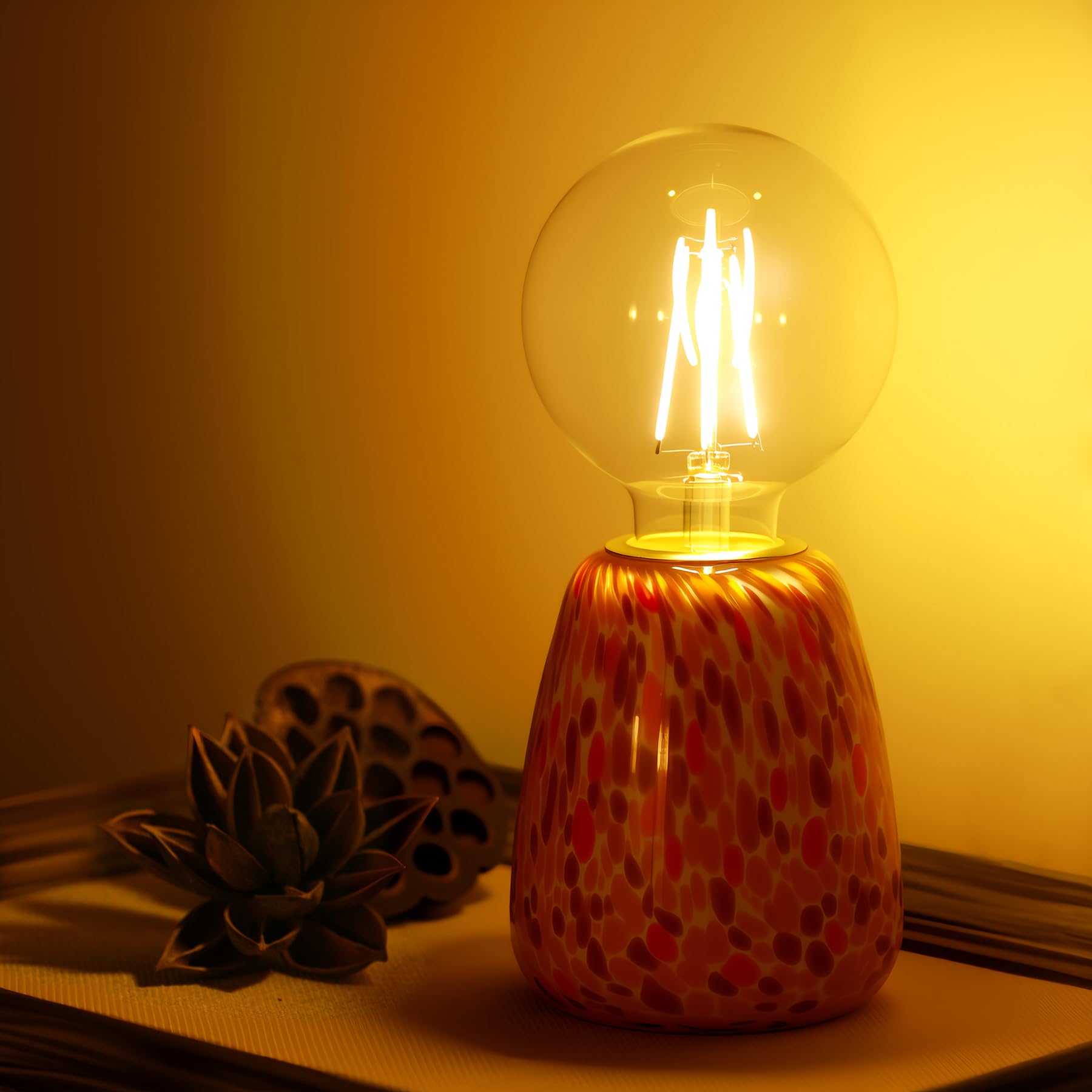 SYLW Mini Modern Glass Bedside Table Lamp  4 x 4 x 9 Inch Nightstand Lamps  with Spherical Bulb Round Side Table Lamps for Bedroom Living Room Entryway Night Light (Orange Red Glass Base)