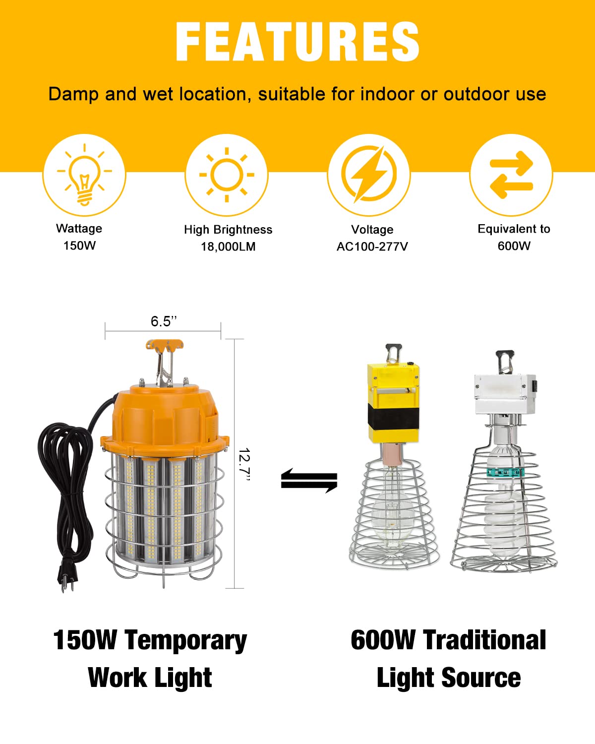 Led Temporary Work Light 150W, 5000K 18,000Lm Outdoor Construction Lights Job Site Lighting 10Ft Cord Ip65 Dust Waterproof Hanging Lighting