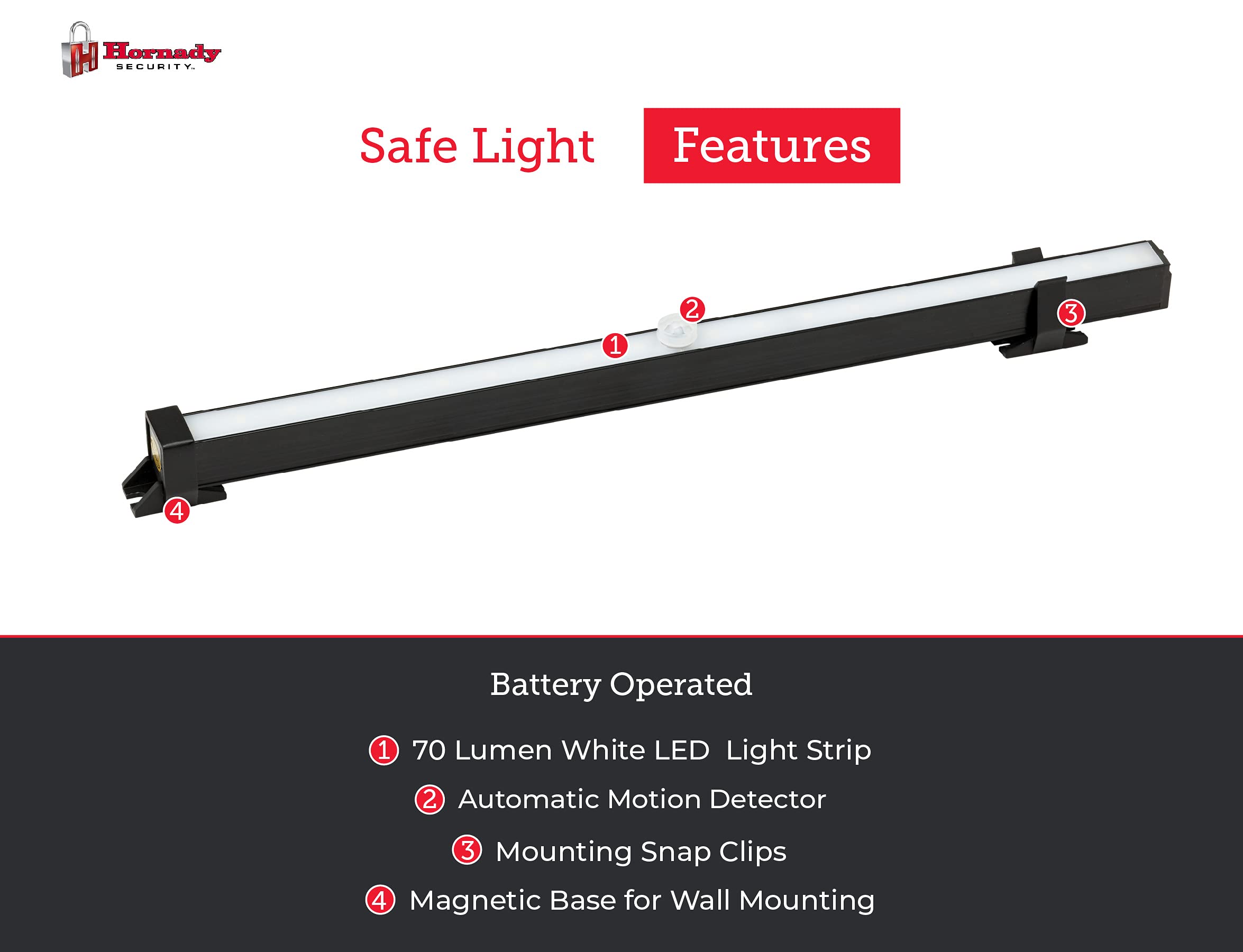 Hornady LED Gun Safe Lights - 70 Lumens Motion Sensor Cordless Light Bar, 13 Inches, Battery Operated, Ideal for Safes, Cabinets, Closets, White