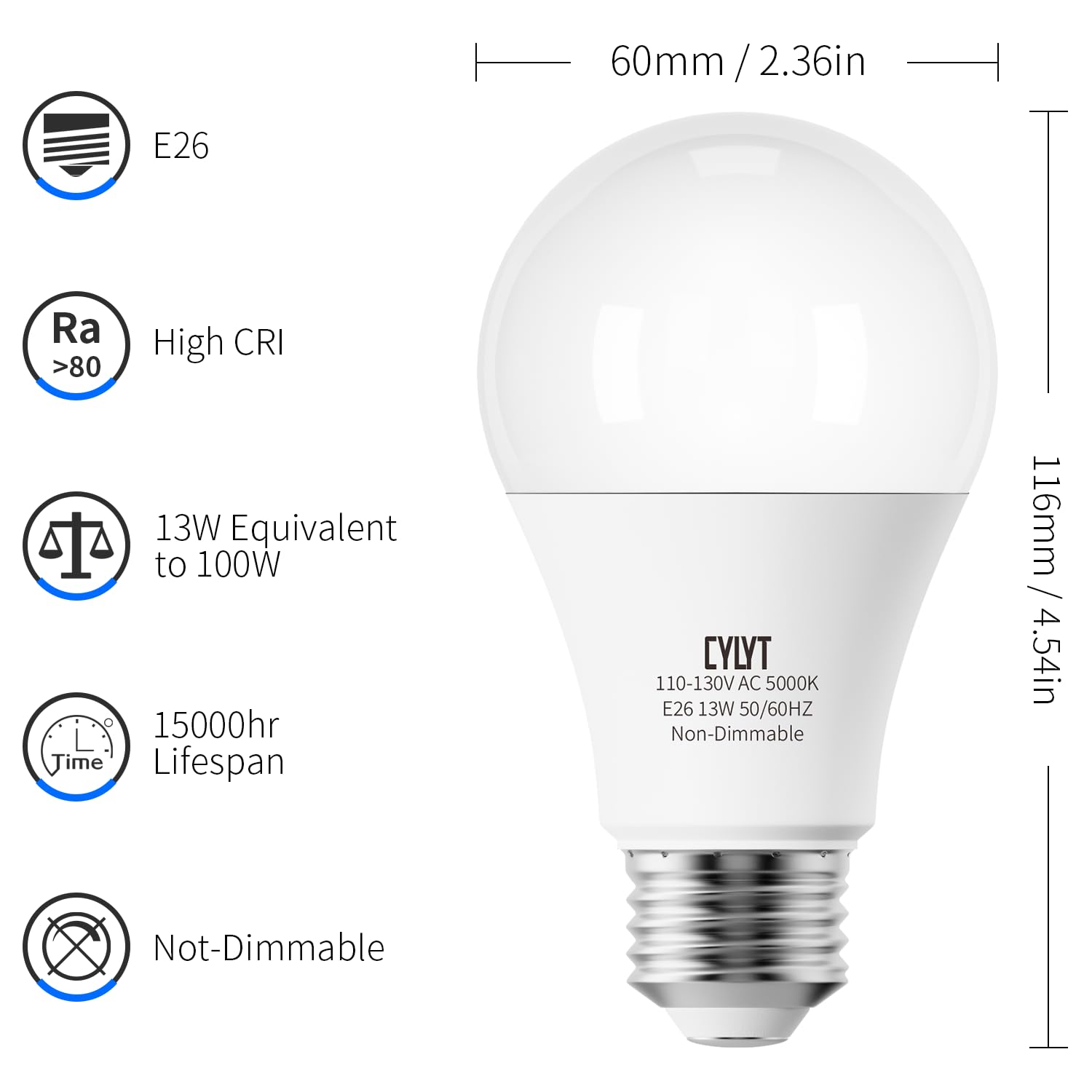 Cylyt 100W Equivalent Bright Led Light Bulbs, Daylight White 5000K A19 Lightbulbs, Focos Led Para Casa, For Kitchen Bedroom Indoor, 1500 Lumens, E26 Standard Base, 4-Pack, Non-Dimmable