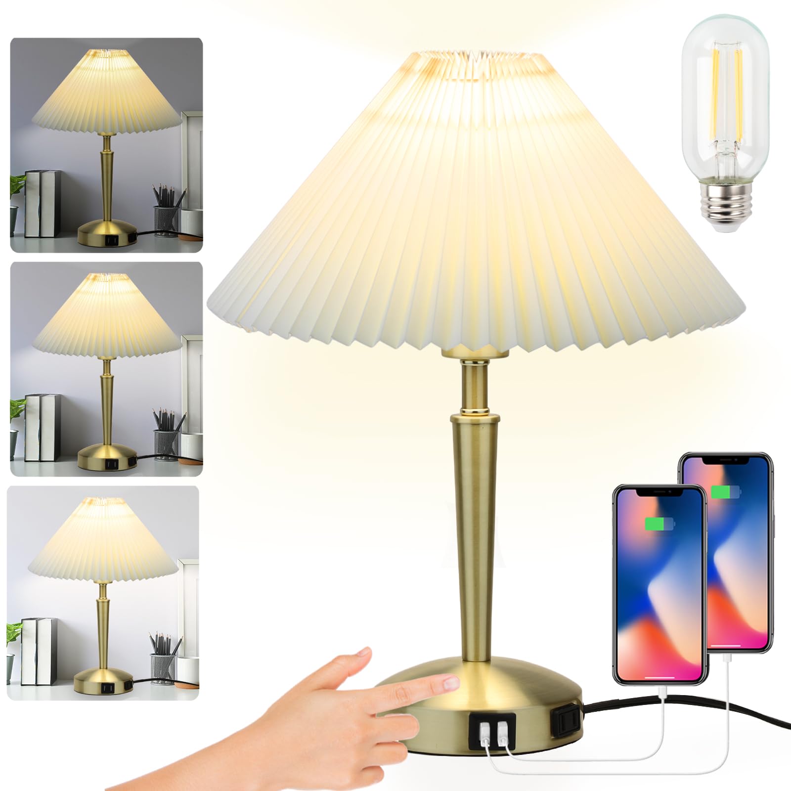 Touch Bedside Table Lamp - Modern Small Lamp for Bedroom Living Room Nightstand, Desk lamp with Fabric Lamp Shade, Warm LED Bulb