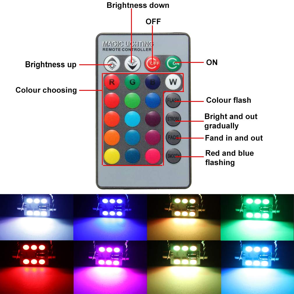 Cottonbell 31mm RGB LED Festoon Bulbs, 16 Colors with Remote Control, Aluminum, Model T13+P001+FBA, Pack of 4