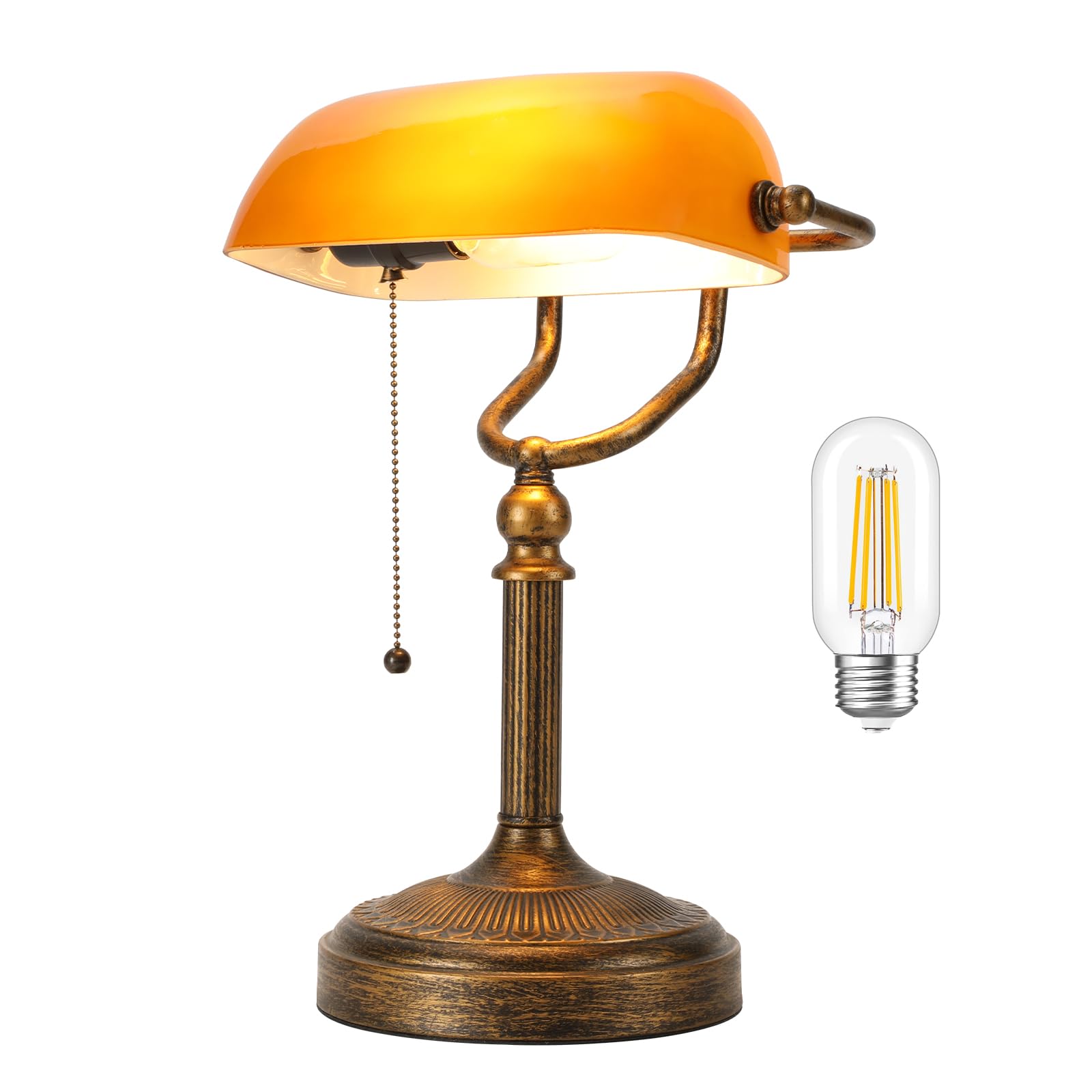 NISSAFORS Bankers Desk Lamp, Amber Glass Shade, Vintage Desk Lamp with Pull Chain Switch, Retro Table Lamps for Home Office LED 