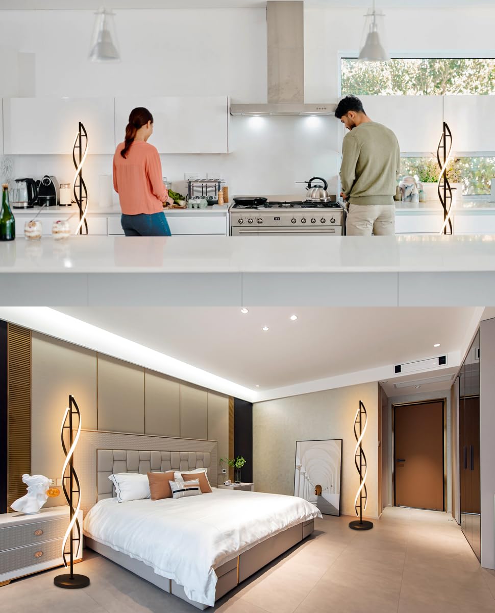 LENIVER LED Spiral Floor Lamp - 3 Color Dimmable, Remote Control, Modern Design, Black, Model LNV-FL04-B