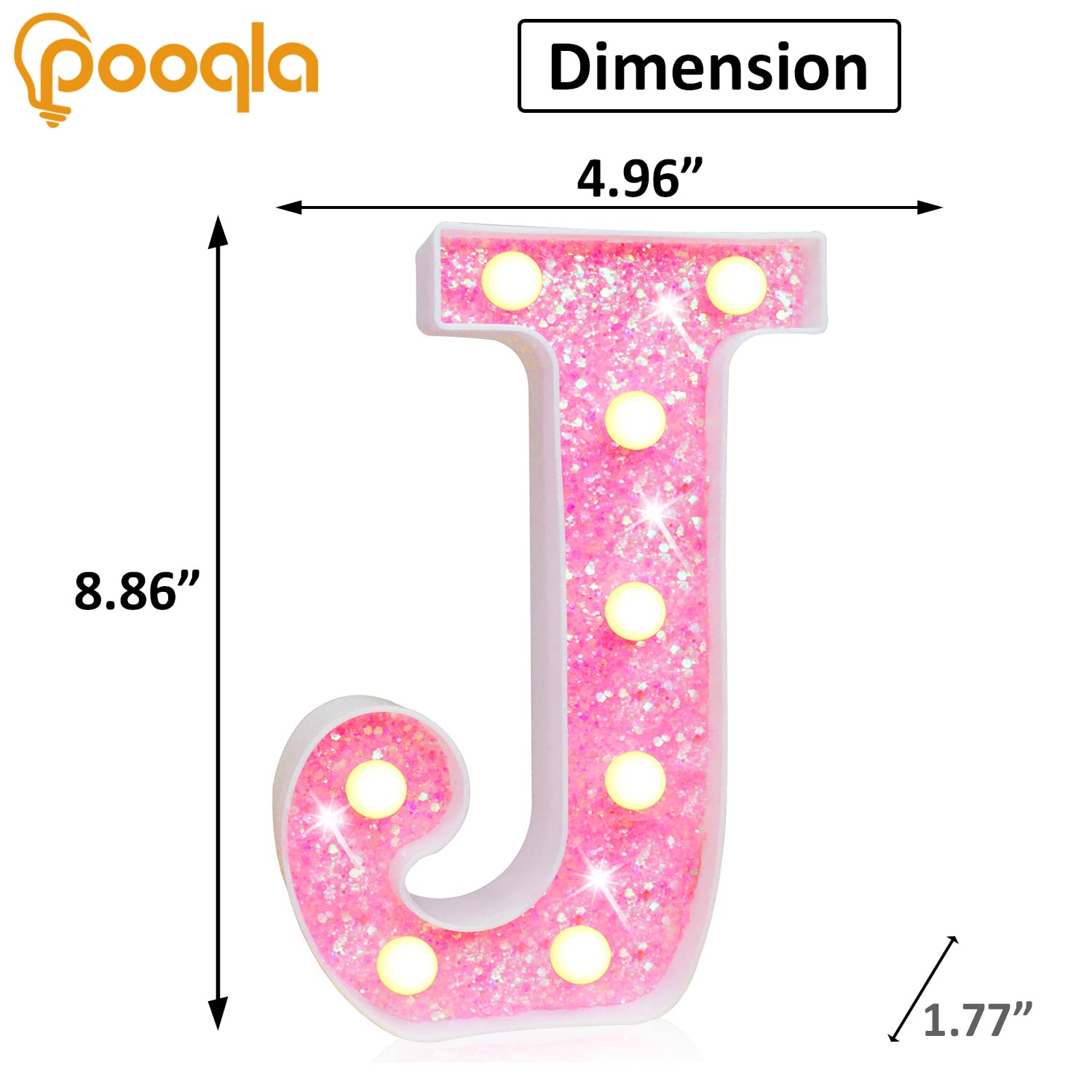 Pooqla Led Marquee Letter Lights, Light Up Pink Letters Glitter Alphabet Letter Sign Battery Powered For Night Light Birthday Party Wedding Girls Gifts Home Bar Christmas Decoration, Pink Letter J