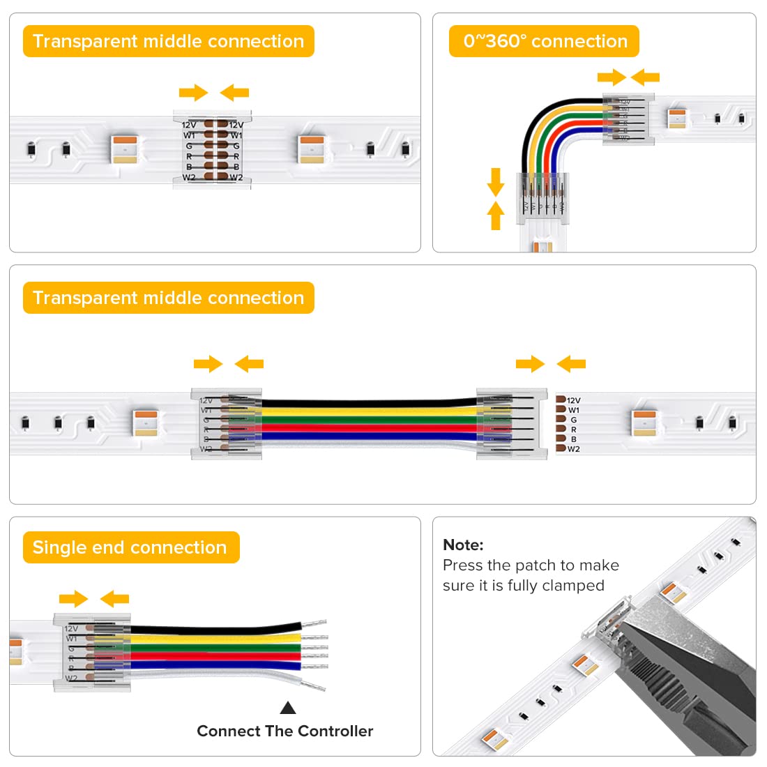 BTF-LIGHTING 6 Pin SMD Connector Kit - 12mm, RGB, Plastic, Includes 4 Corner Connectors & 4 Extension Wires for 5050 LED Strips