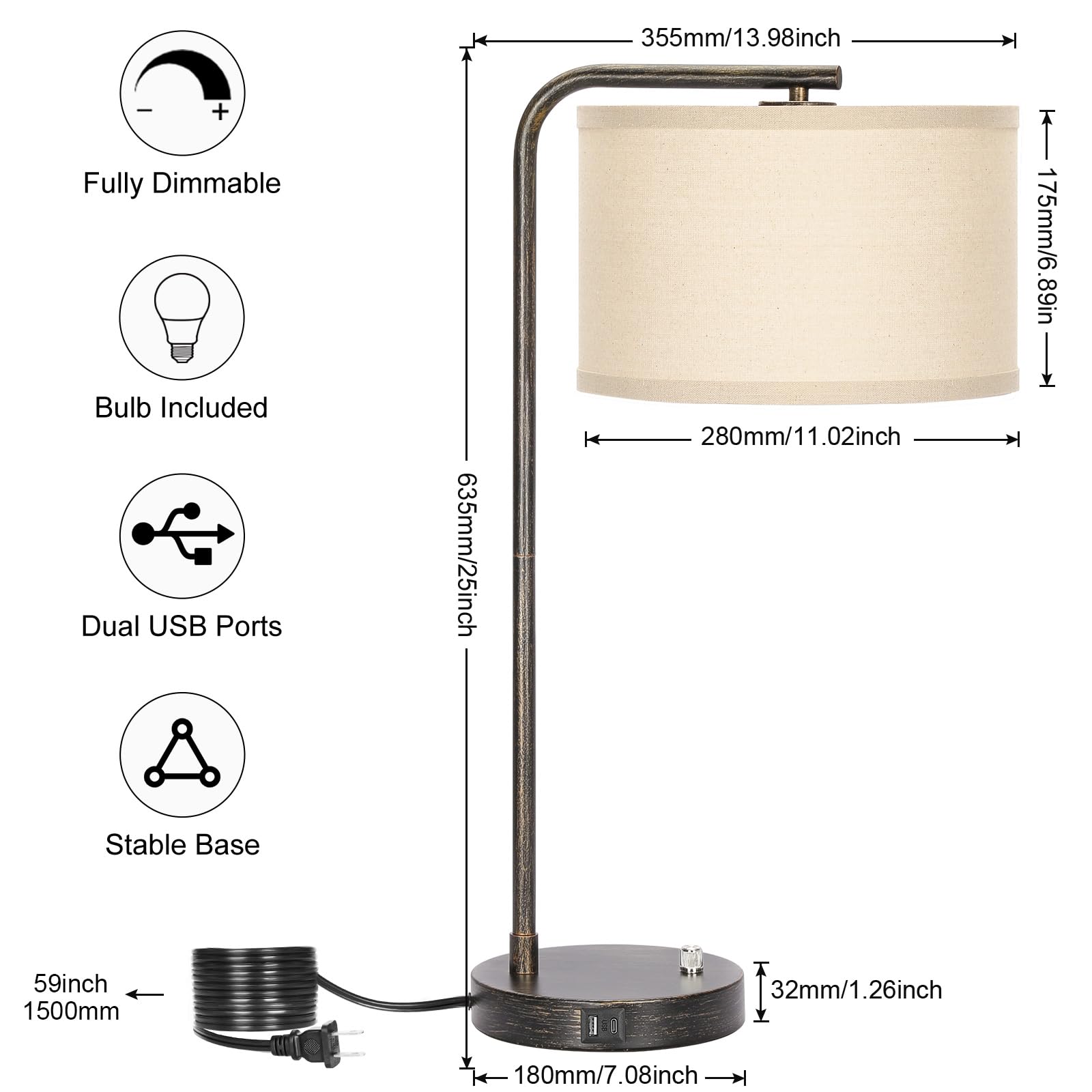 Bedside Table Lamp With Usb C+A Charging Ports, Fully Dimmable Industrial Tall Nightstand Reading Desk Lamp For Bedroom, Living