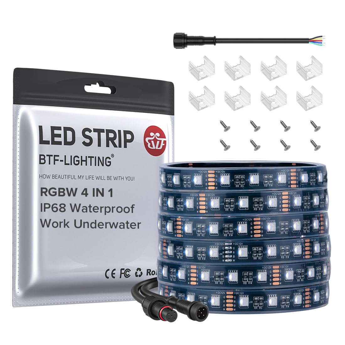 BTF-LIGHTING IP68 Waterproof Outdoor RGBW LED Strip 5050SMD RGB+Cool White(6000K-7000K) 4 Colors in 1 DC12V 5m 16.4ft 60LED/m Mu