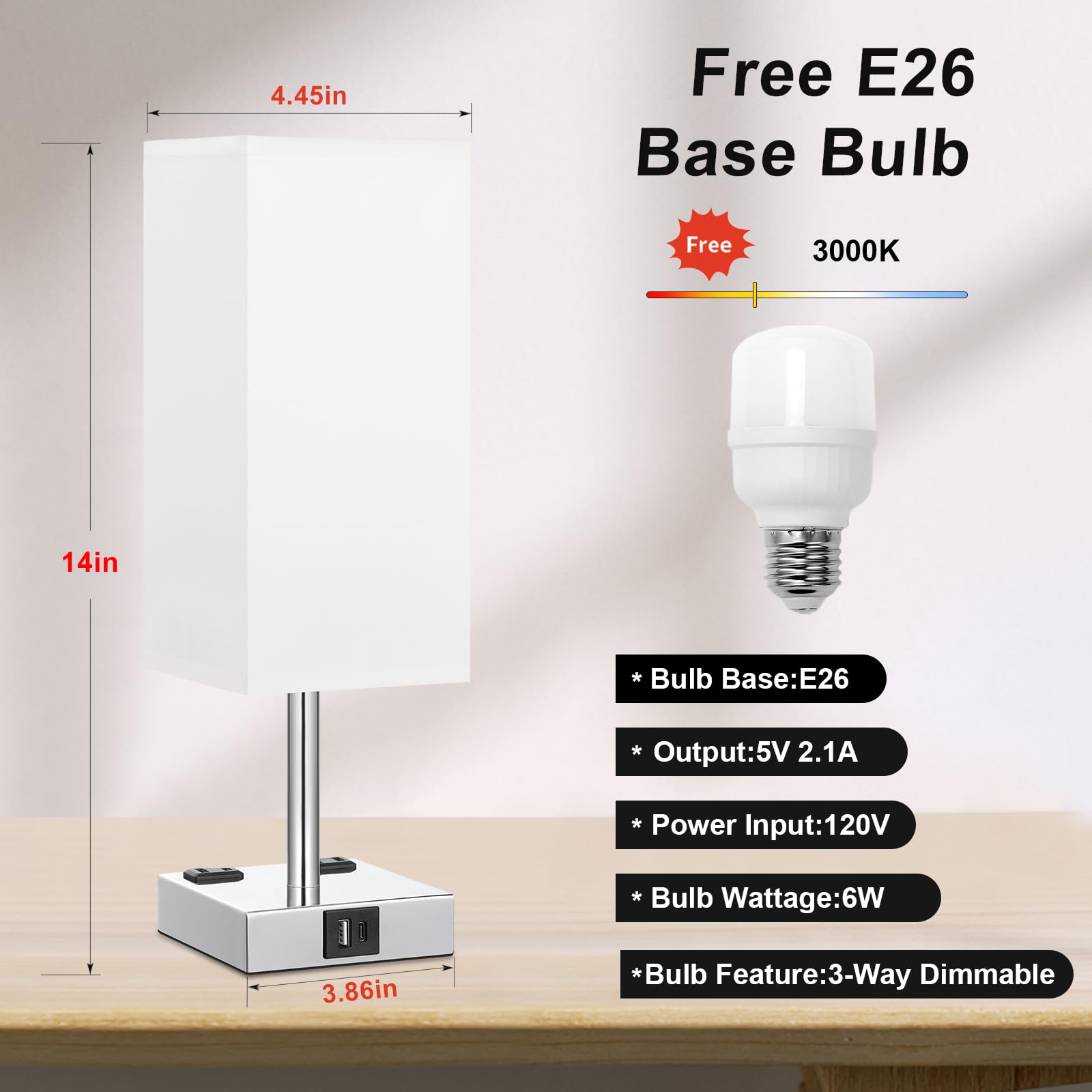 aooshine Touch Bedside Table Lamp - 3-Way Dimmable, USB A & Type C Ports, 14in, White & Silver, Includes E26 LED Bulb