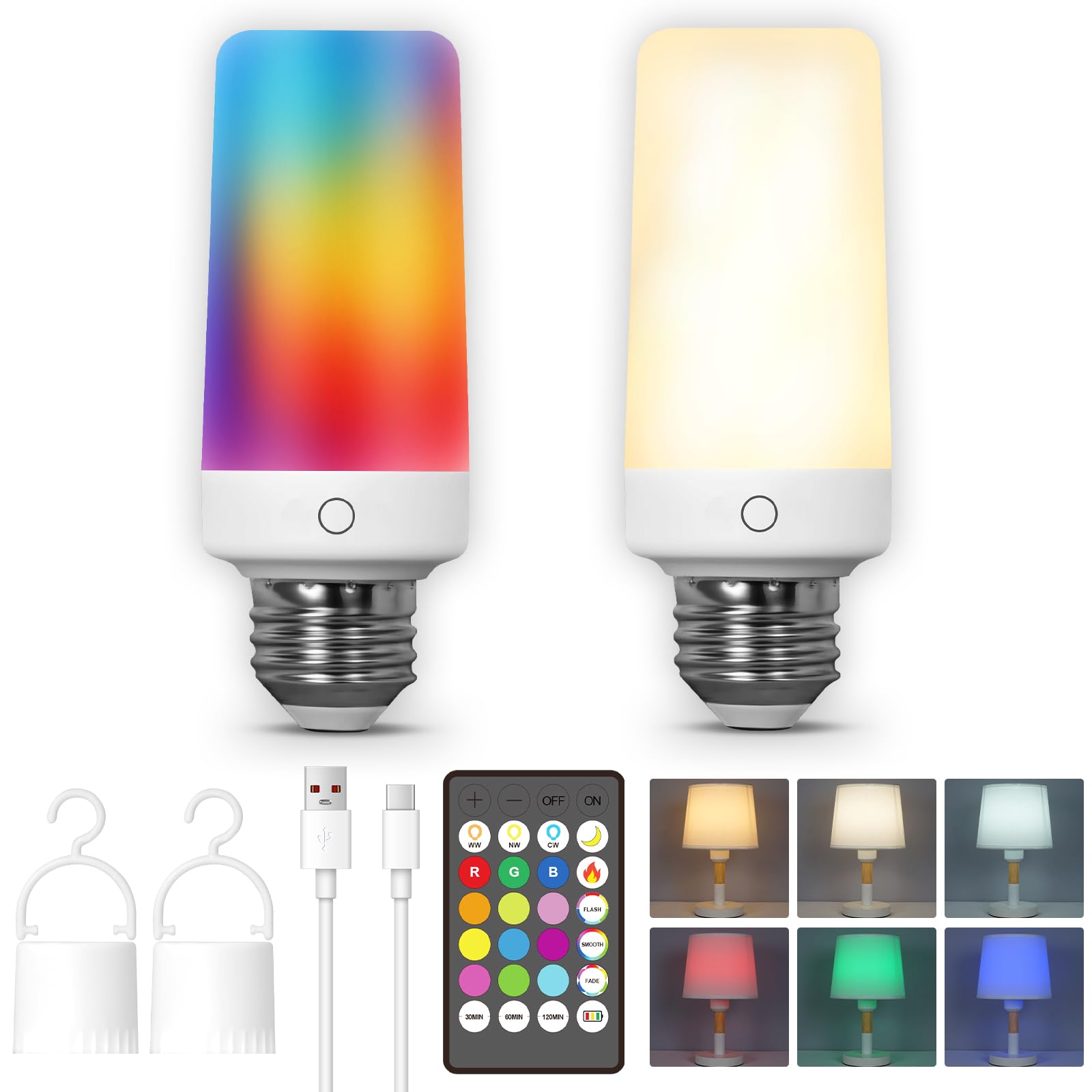 2PK Rechargeable Light Bulbs with Remote, Emergency Battery Operated Light Bulbs with Dual Recharging Ways, Tuned White 12 RGB C