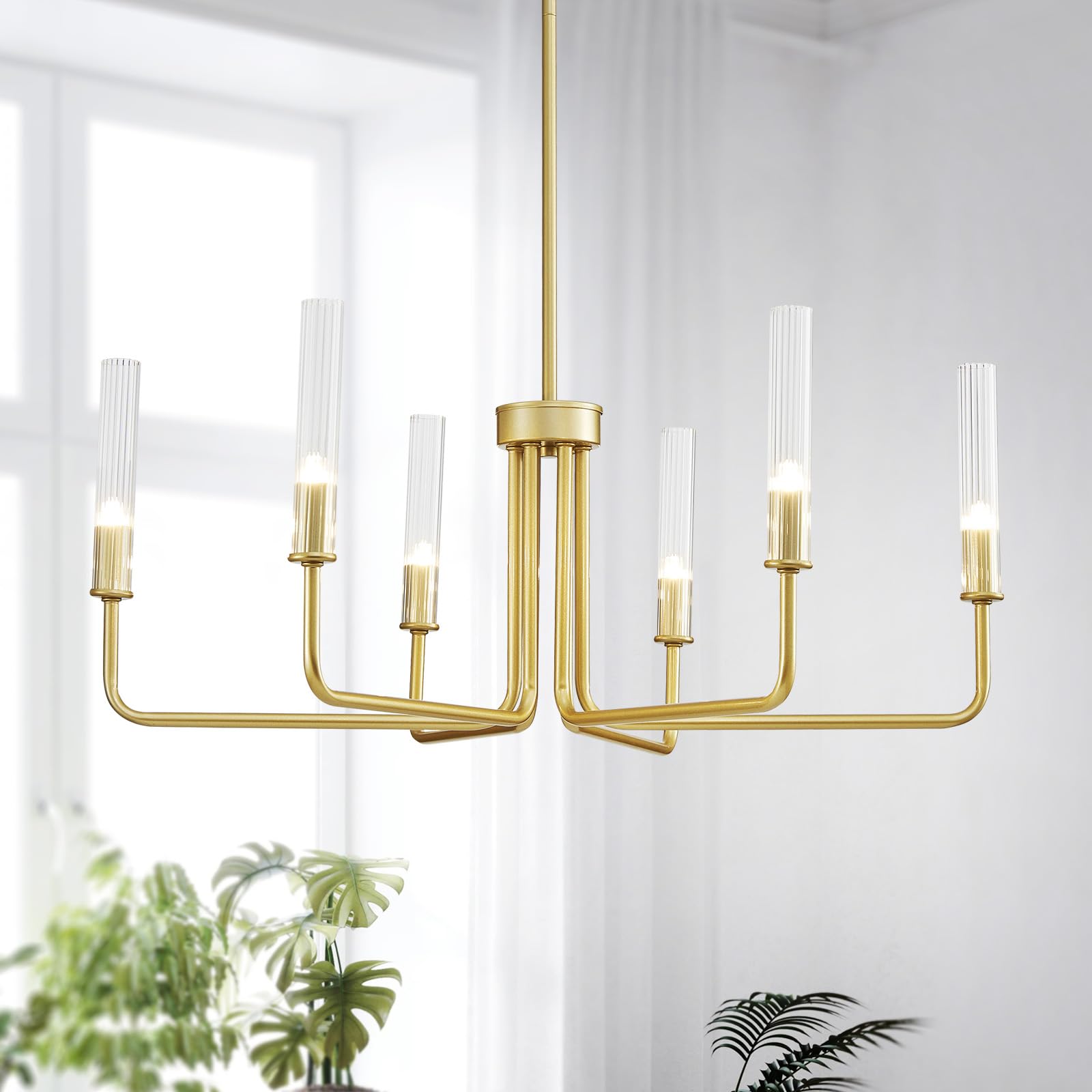 Saint Mossi Gold Wagon Wheel Chandelier For Dinning Room, Modern Pendant Light Fixture With Glass Shades For Living Room, Entryw