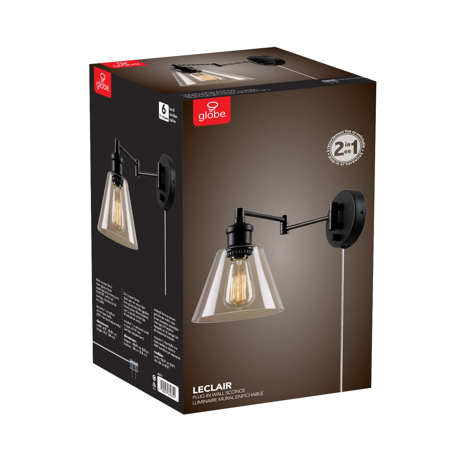 Globe Electric Wall Sconce, Oil Rubbed Bronze, Glass, Model 3000182