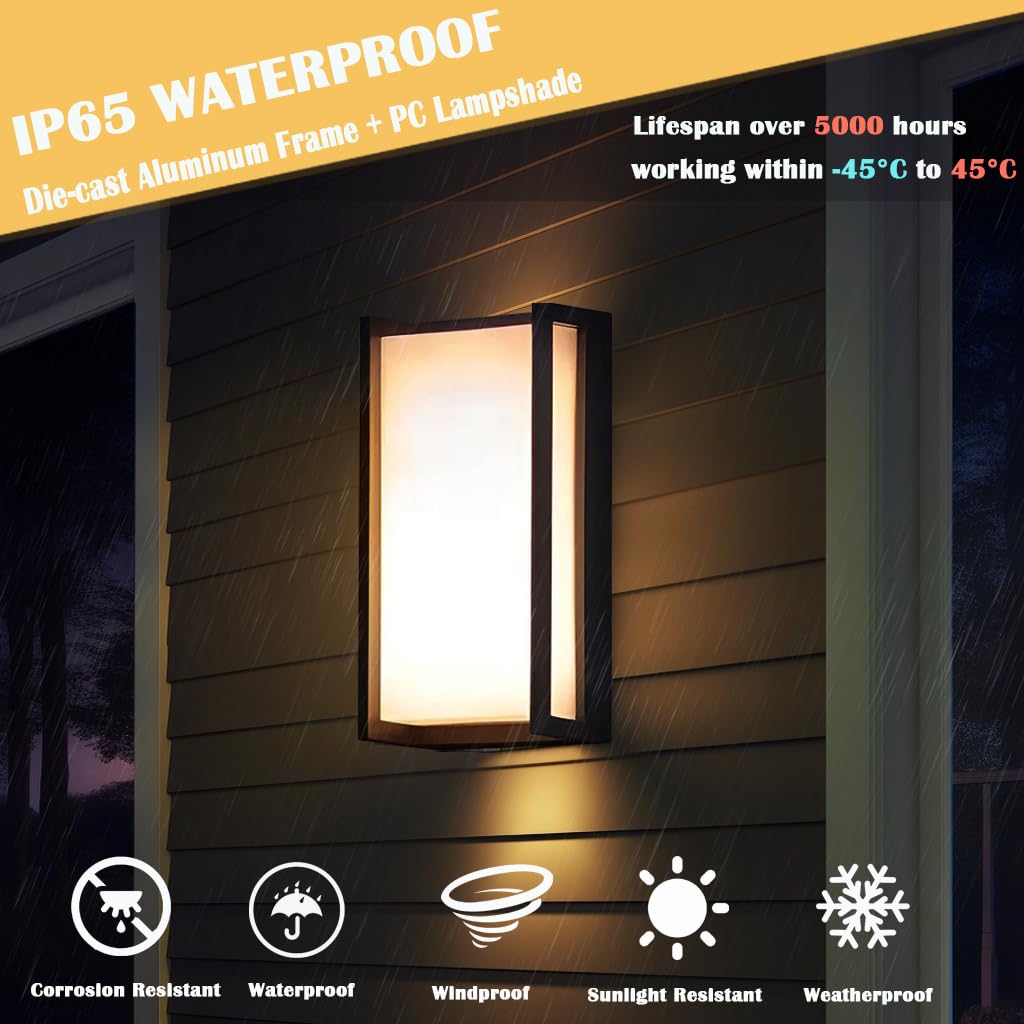 iYogaled Outdoor Wall Sconce, IP65 Waterproof, 18W, 3-Color Temperature, 2 Pack, Black, Model 1853-2PCS