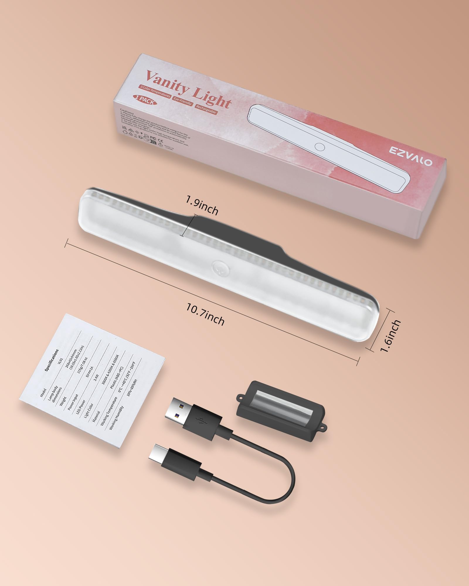 Ezvalo Wireless Makeup Light 1 Pack  Vanity Lights For Mirror Bathroom Mirror Light  Rechargeable  3 Color Modes  Stepless Dimming  Touch Control  Adjustable Angle  Black  Women S Gifts
