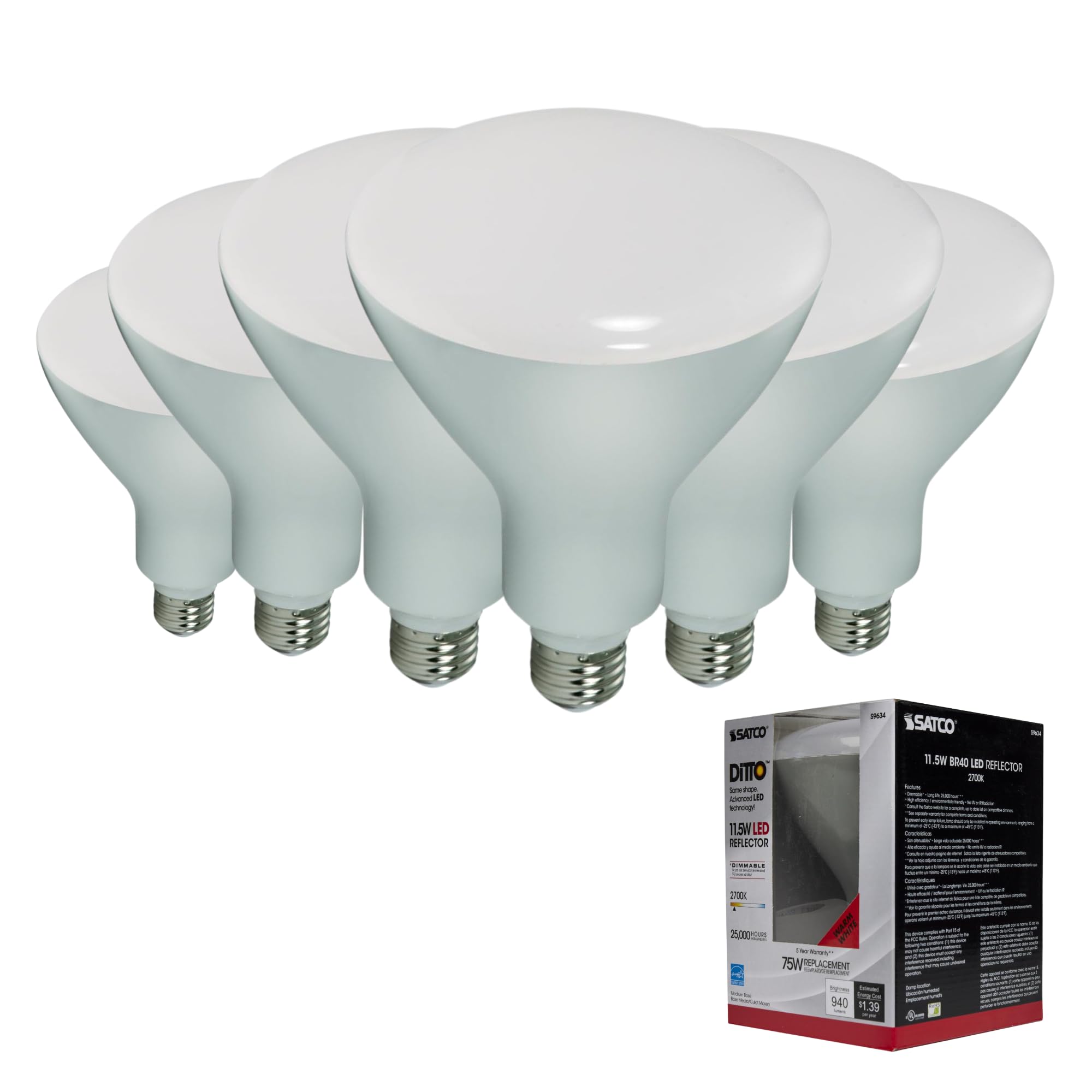Satco S9634 11.5W BR40 LED Bulb 2700K Warm White, 940 Lumens, 103 Beam Angle, Dimmable, Medium Base (6 Pack)