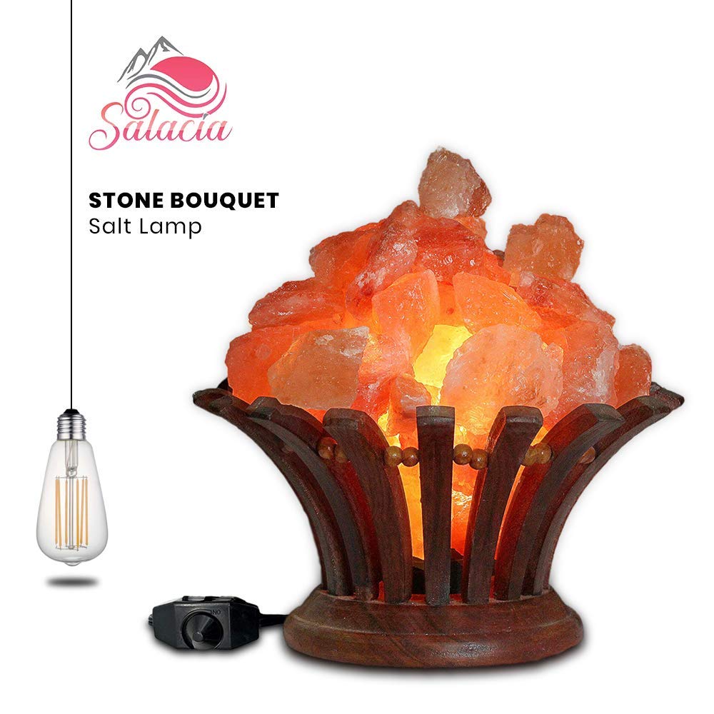 Stone Bouquet - A Himalayan Salt Lamp Bowl With Dimmer Cord - 100% Natural Pink Salt Rocks With Neem Wood Basket, Natural Himala