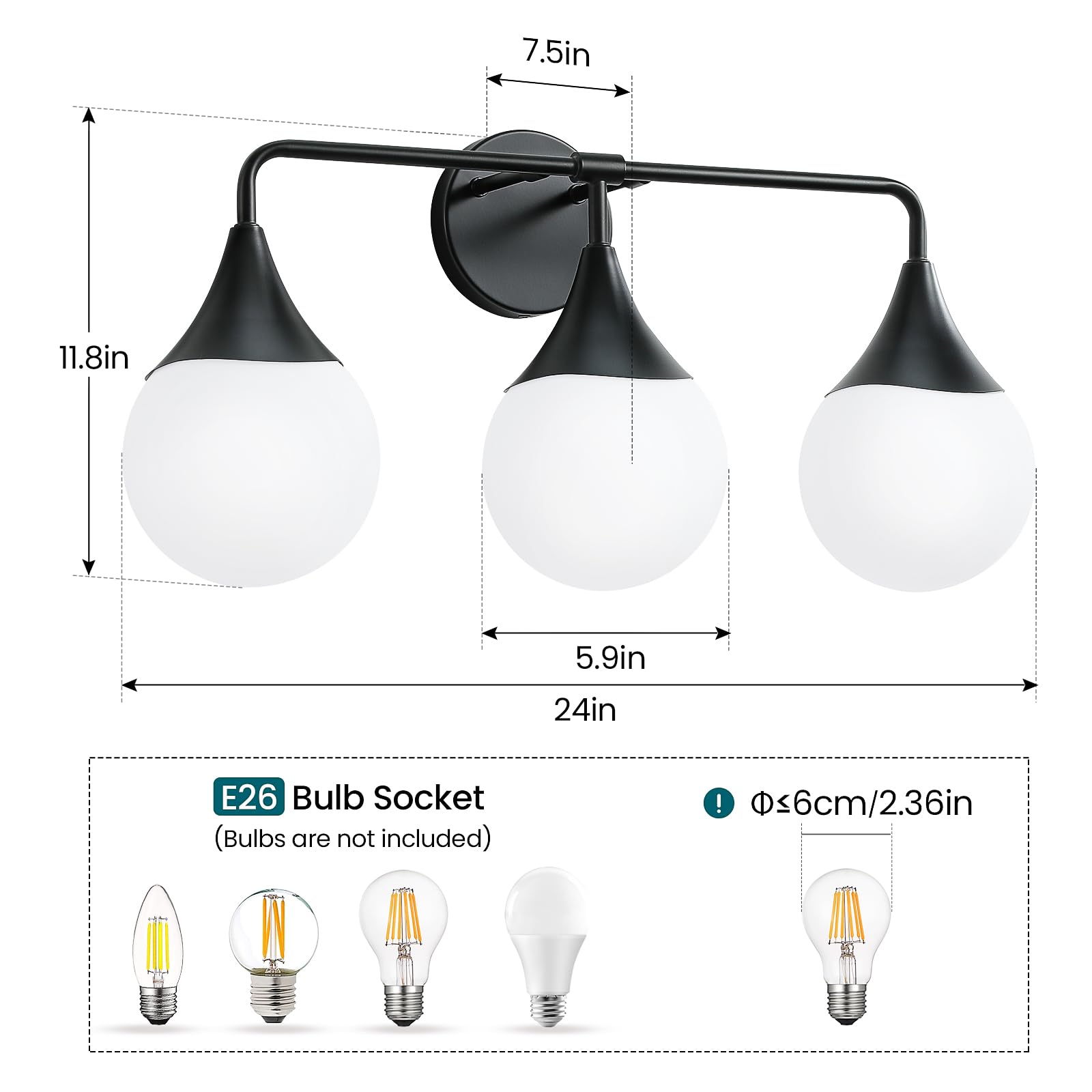 HAHZT 3-Light Bathroom Vanity Light Fixtures - Mid Century Modern Matte Black Wall Sconce with Milky White Globe Glass - Model 8089ML