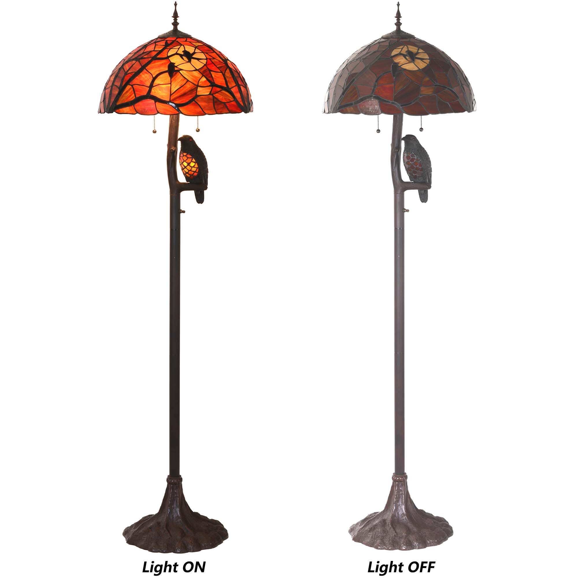 Bieye Tiffany Style Stained Glass Floor Lamp - Ravens On Tree Branch, 65 Tall, Black Red, Model Owlfloor, Double Lit Night Light