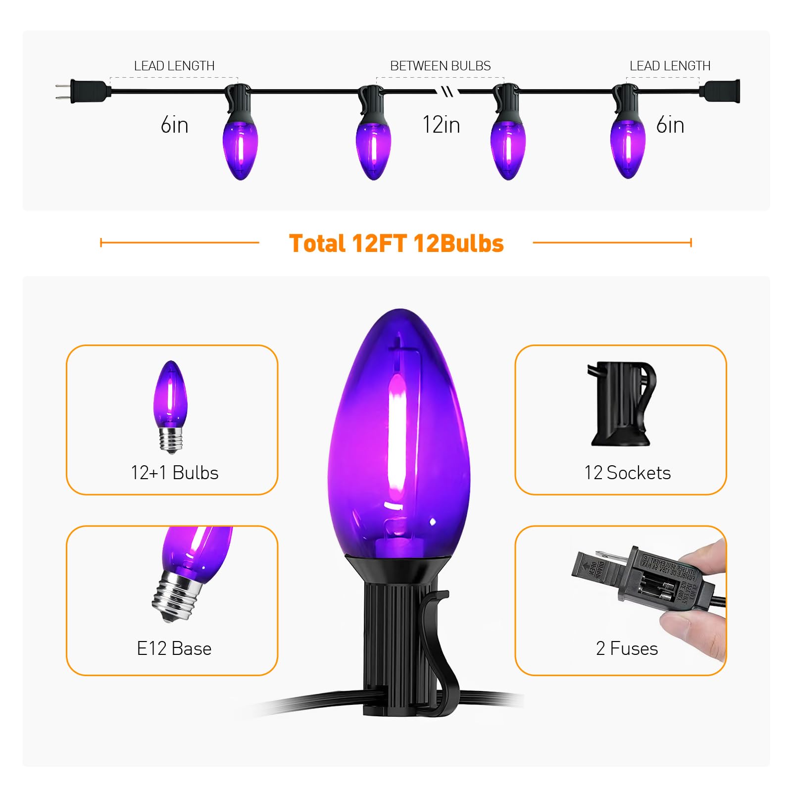 CHYSUPER C7 LED Christmas Lights, Outdoor Clear Purple String Lights, 12 FT Patio Lights with 12 Vintage Led C7 Bulbs, Indoor Ou