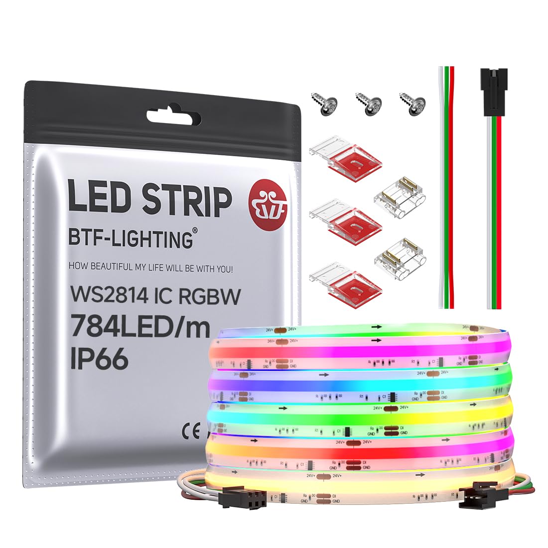 Btf-Lighting Fcob Ip66 Cob Led Strip Ws2814 Ic Rgbw 3000K 16.4Ft 784Led/M Dc24V Flexible High Density Color Chasing Light 10Mm Width For Indoor Decor(No Adapter Or Controller)