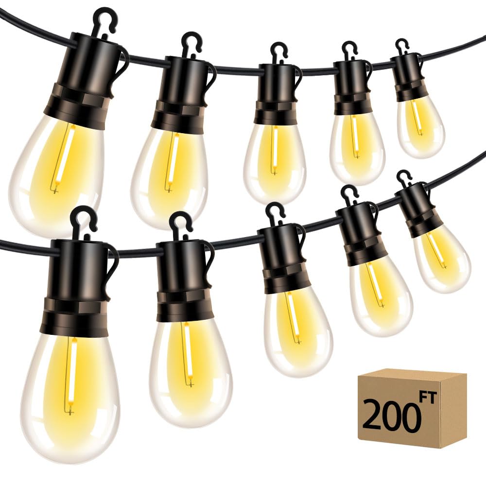 VOZUJI Outdoor Patio String Lights 200ft: S14 LED Shatterproof Bulbs 3 Modes Button Control - Waterproof Connectable Hanging Lights - Garden Backyard Yard Gazebo Porch Party Decorative