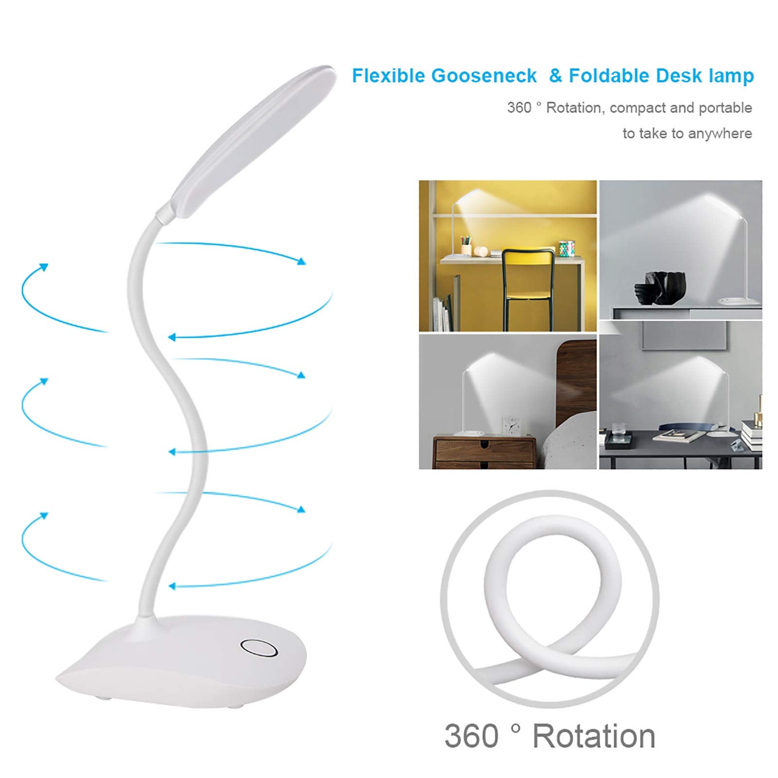 DEEPLITE LED Desk Lamp - 5W Touch Control, 3 Brightness Levels, Portable, White, Model OL-T04, Eye-Caring for Study, Office, Bedroom