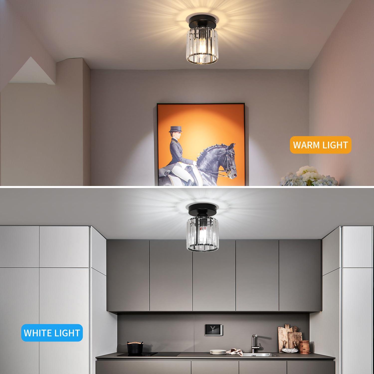 Goeco 2 Pack Crystal Ceiling Light, Modern Industrial Semi Flush Mount Ceiling Light Fixtures, E26 Black Indoor Lighting Fixture