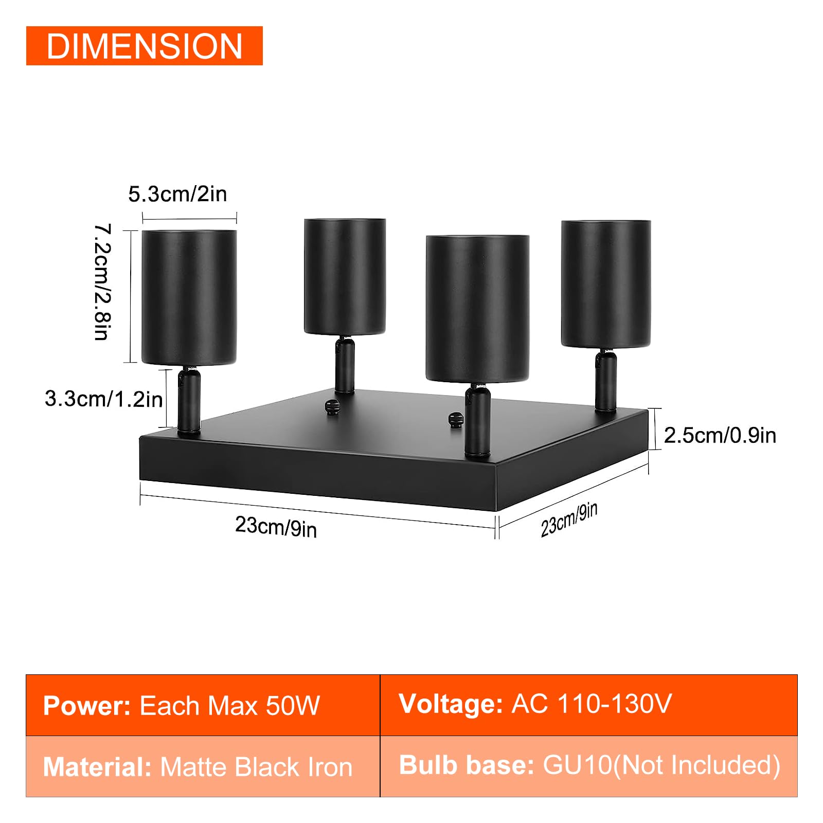 Ketom 4-Light Adjustable GU10 Ceiling Spot Lights - Modern Matte Black Metal Fixture for Kitchen, Bathroom, Bedroom, Hallway
