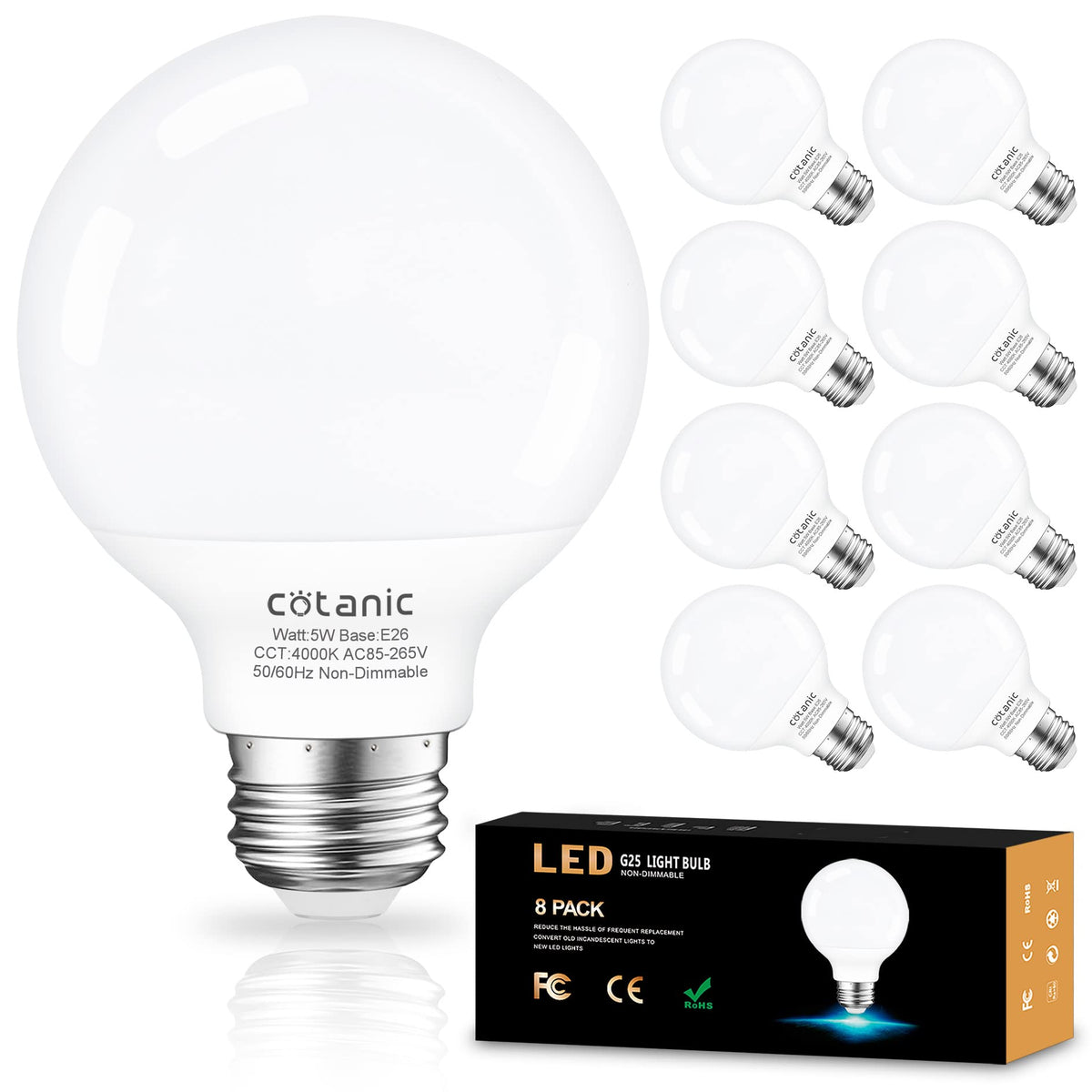 Cotanic Globe Light Bulbs,E26 Standard Base,5W,60 Watt Incandescent Equivalent,500Lm,Non-Dimmable,8 Pack, G25 Led Vanity Light B