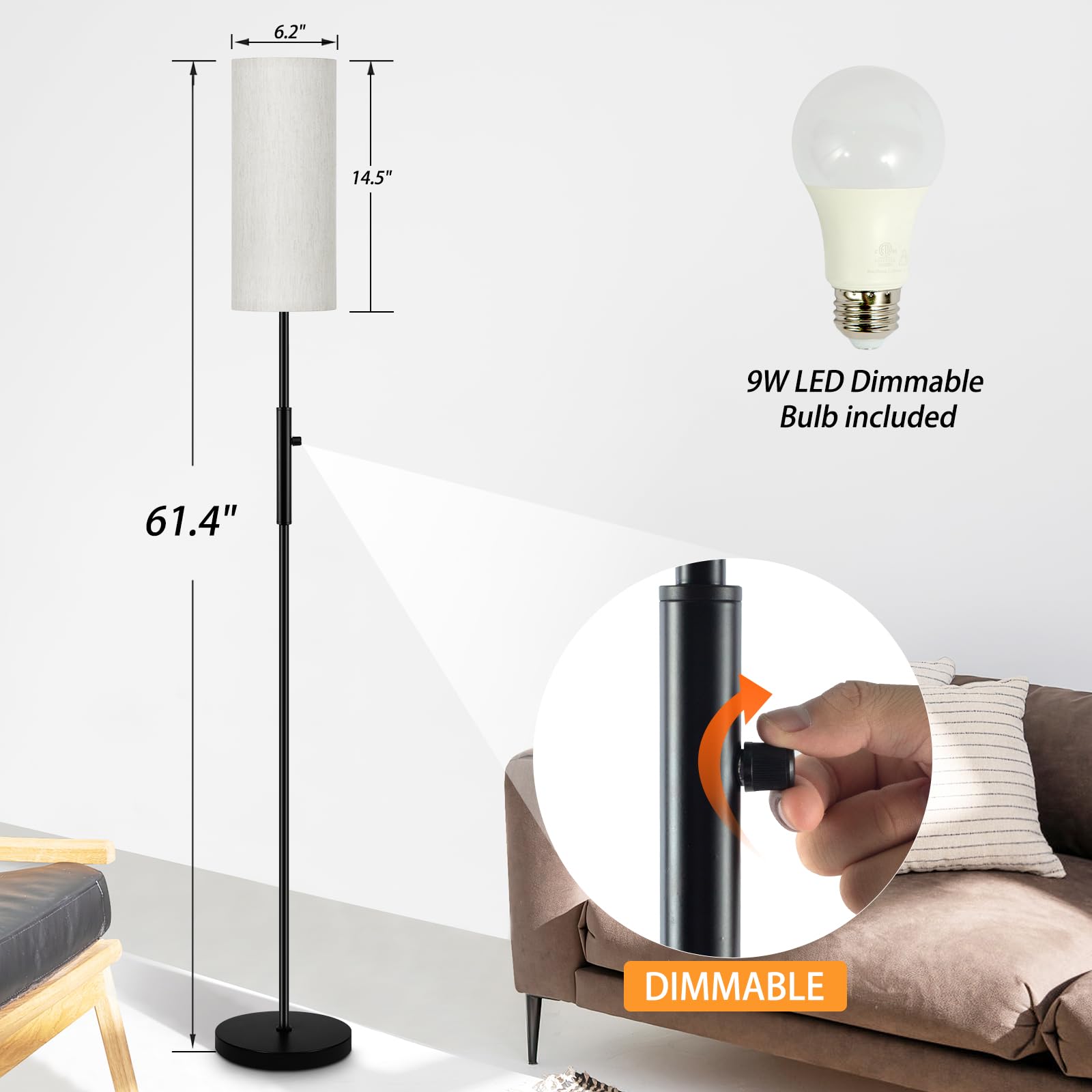 Floor Lamps For Living Room, Modern Standing Lamp, Minimalist Pole Lamps, Stepless Dimmable 9W Bulb Included, Tall Lamp With Lin