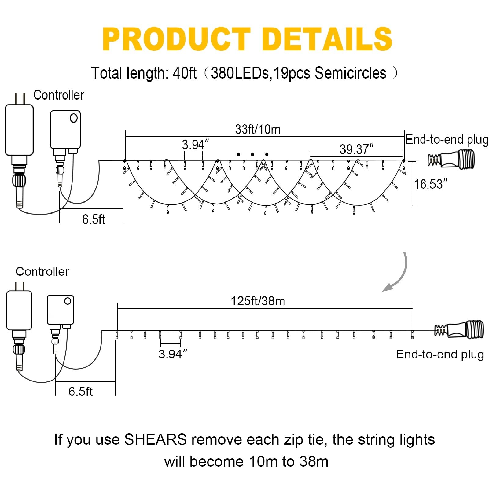 KAZOKU Christmas Lights Outdoor Indoor 40FT 380 LED Waterproof Multicolor Semi-circle String Lights Model YLS380MD01-30