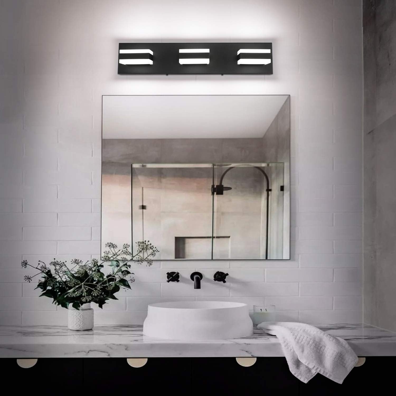 SOLFART Black Bathroom Vanity Light Fixture, LED Dimmable, 21.7" Aluminum, Modern 3-Light Over Mirror Lighting, Model S8568-3T-6000K