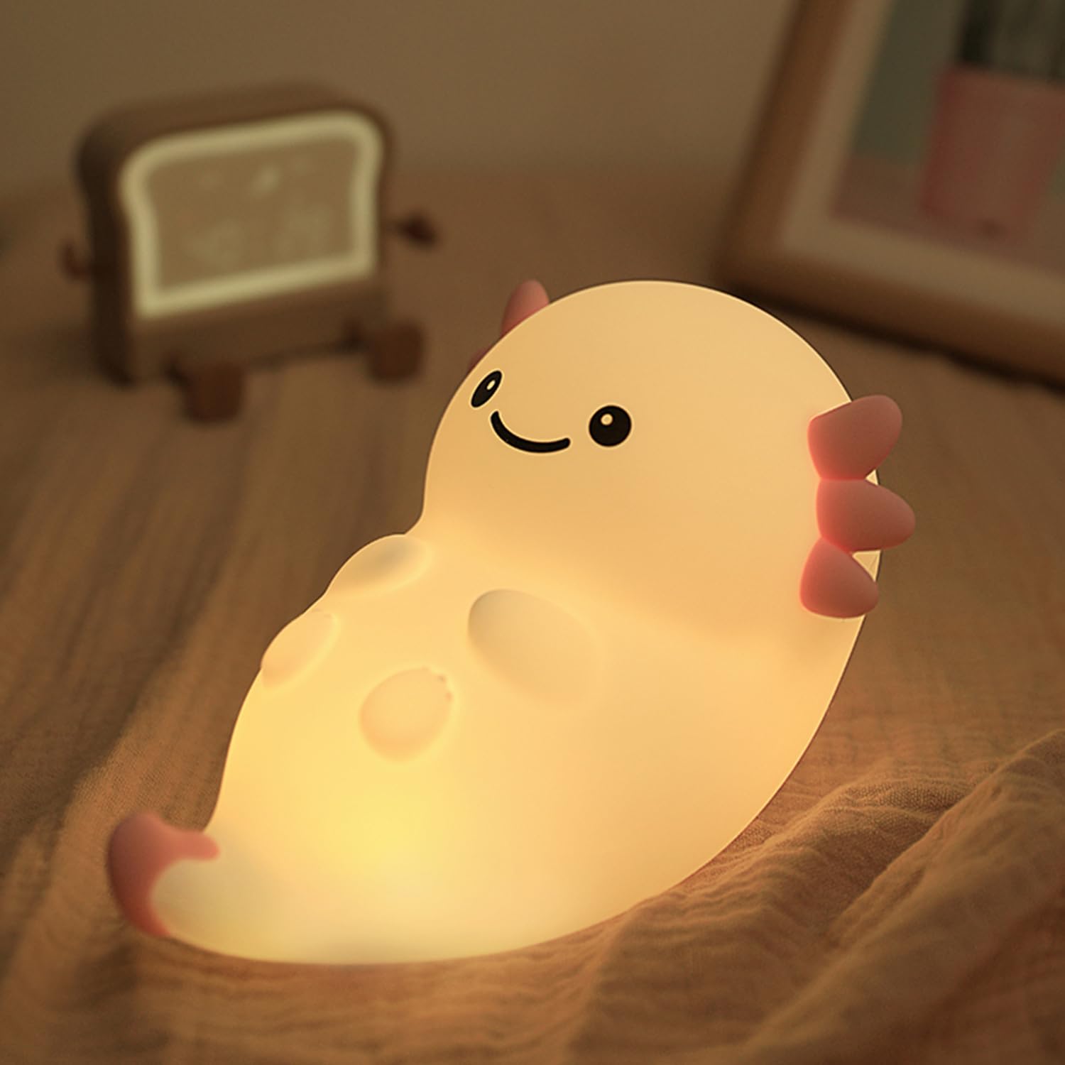 Bestfaith Cute White Axolotl Night Light, LED Squishy Night Lamp, Dimmable Timer Nursery Nightlight for Kids, Rechargeable Touch