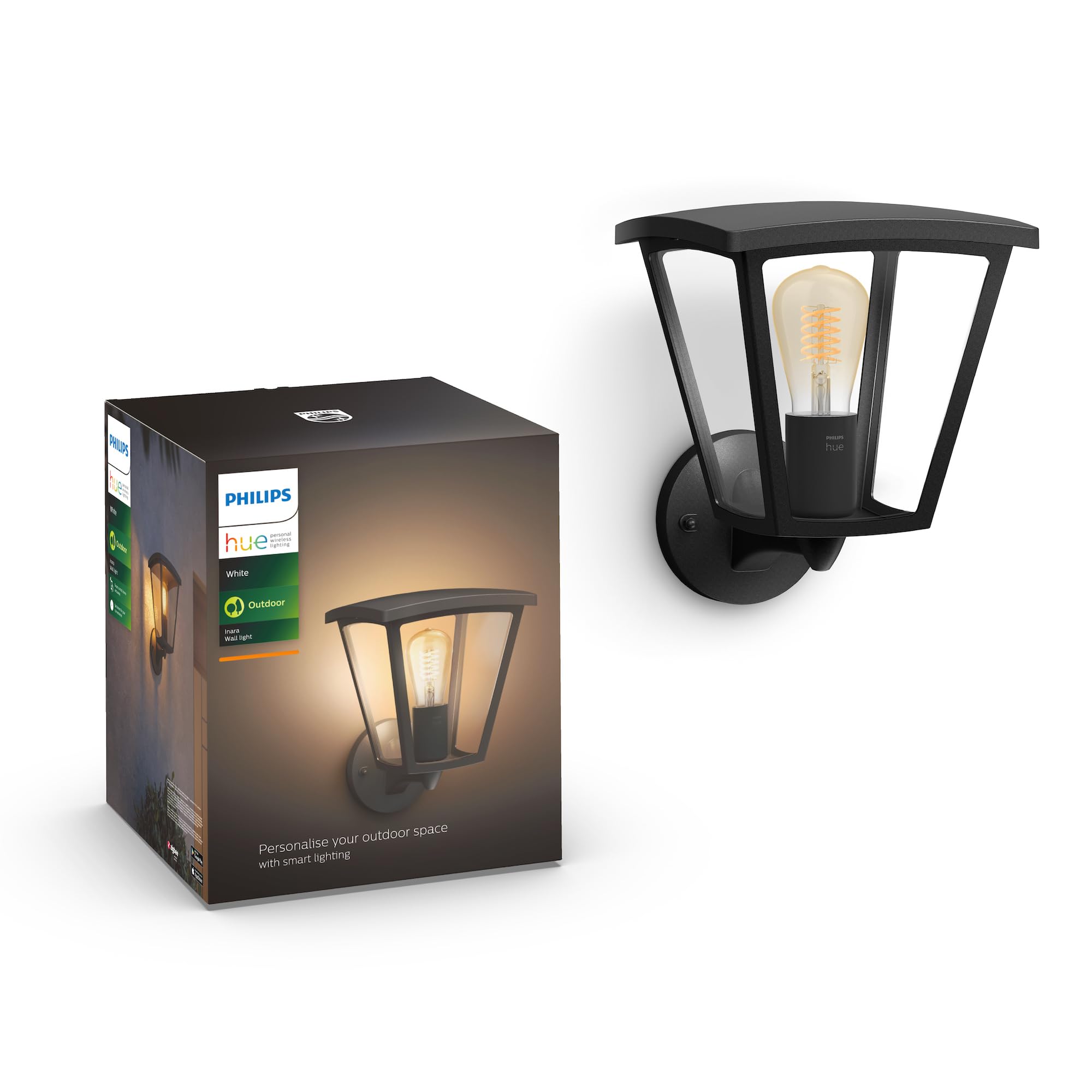 Philips Hue Inara Outdoor Smart Wall Light, Black - E26 White Filament LED Bulb - 1 Pack - Requires Hue Bridge - Control with Hu