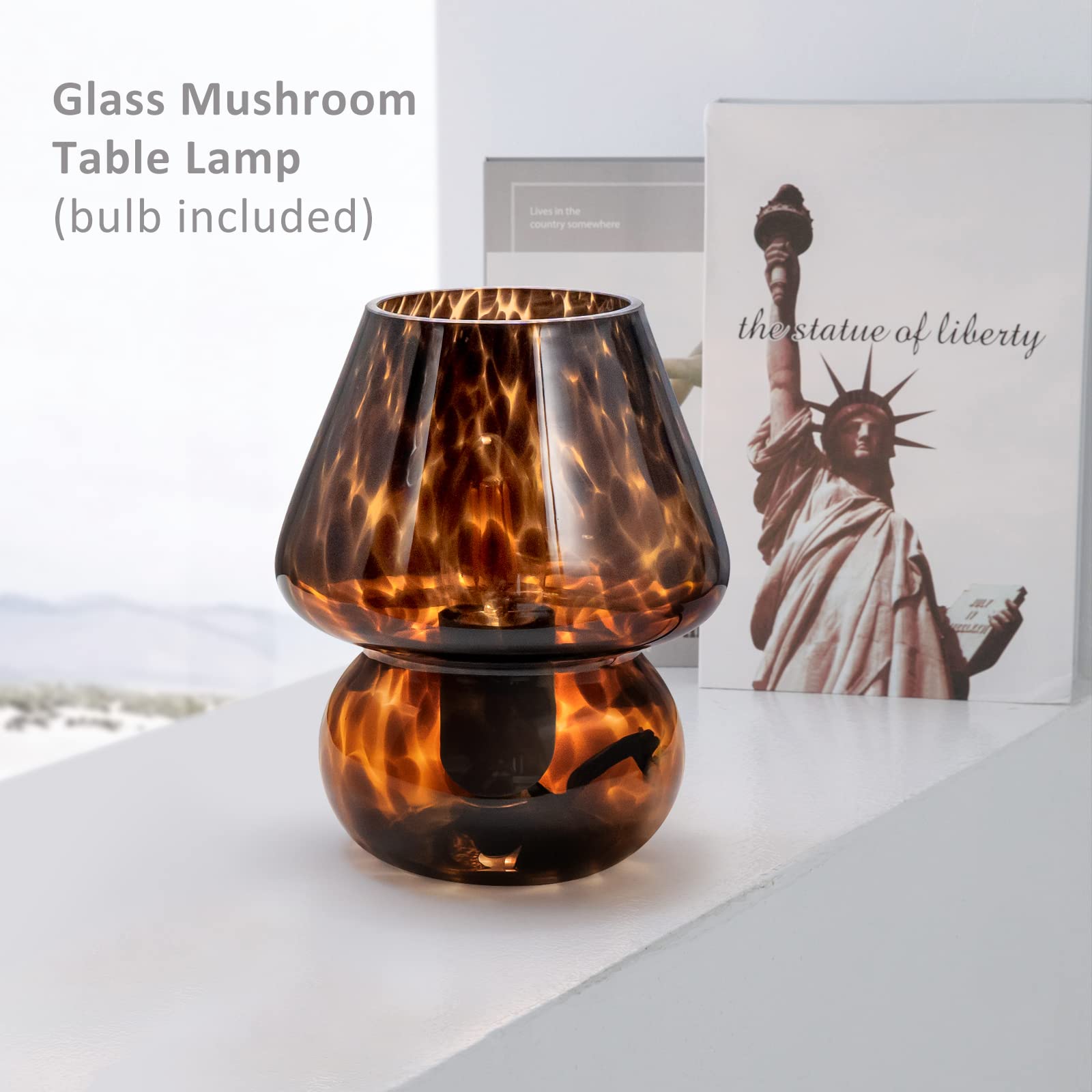 ONEWISH Mushroom Table Lamp Set of 2, Small Dimmable Glass Nightstand Lamp, Vintage Aesthetic, Black, Model 13TAB008USB
