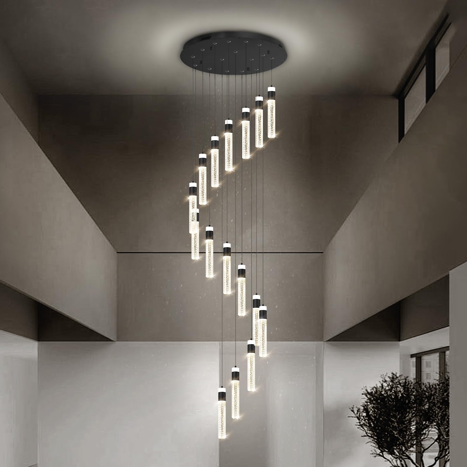Idequy 16-Light Black Crystal Chandelier For Foyer Entrance Loft 118'' Long Spiral Stair Bubble Crystal Chandelier For High Ceil