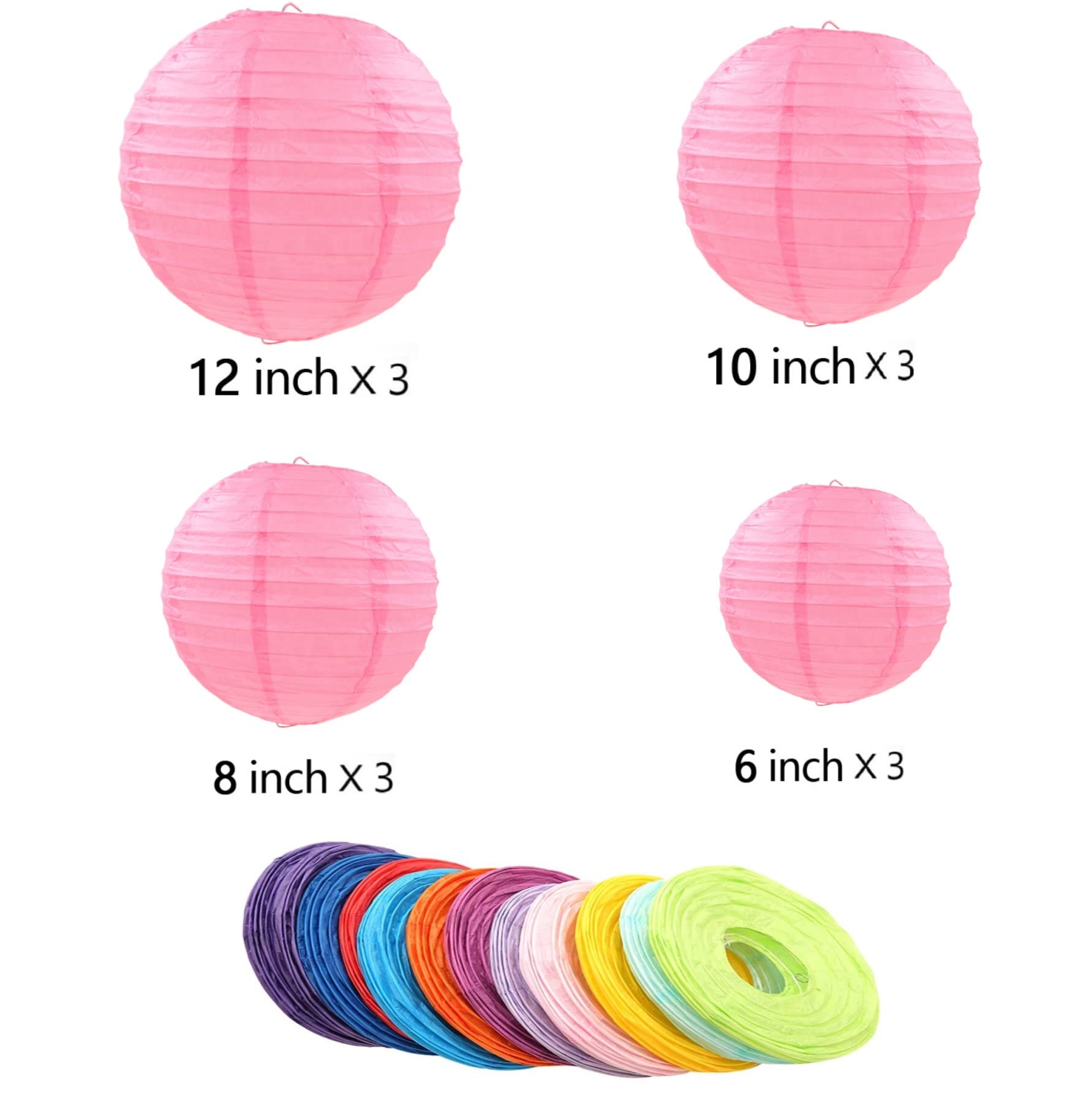 12Pcs Pink Paper Lanterns With 12Pcs White Led Lights, 6&quot; 8&quot; 10&quot; 12&quot; Round Hanging Chinese/Japanese Ball Lantern For Valentine'S Day Easter Wedding