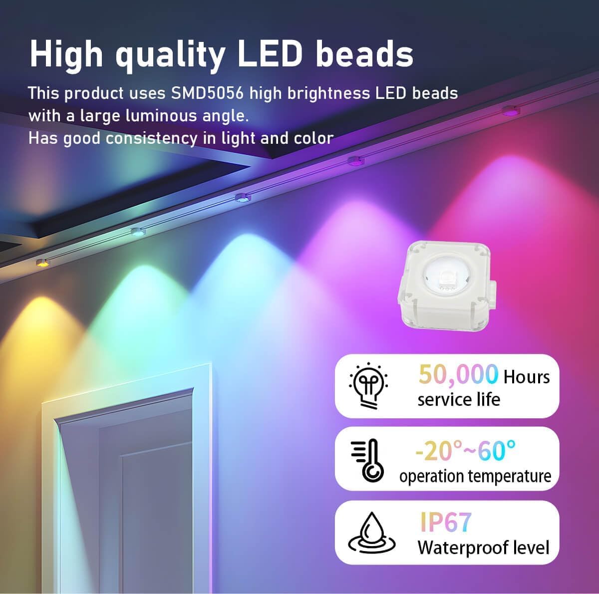 BAILONGJU 150ft Smart RGB Outdoor String Lights, 90 LEDs, IP67 Waterproof, Multicolor Eaves Lighting for Parties & Holidays