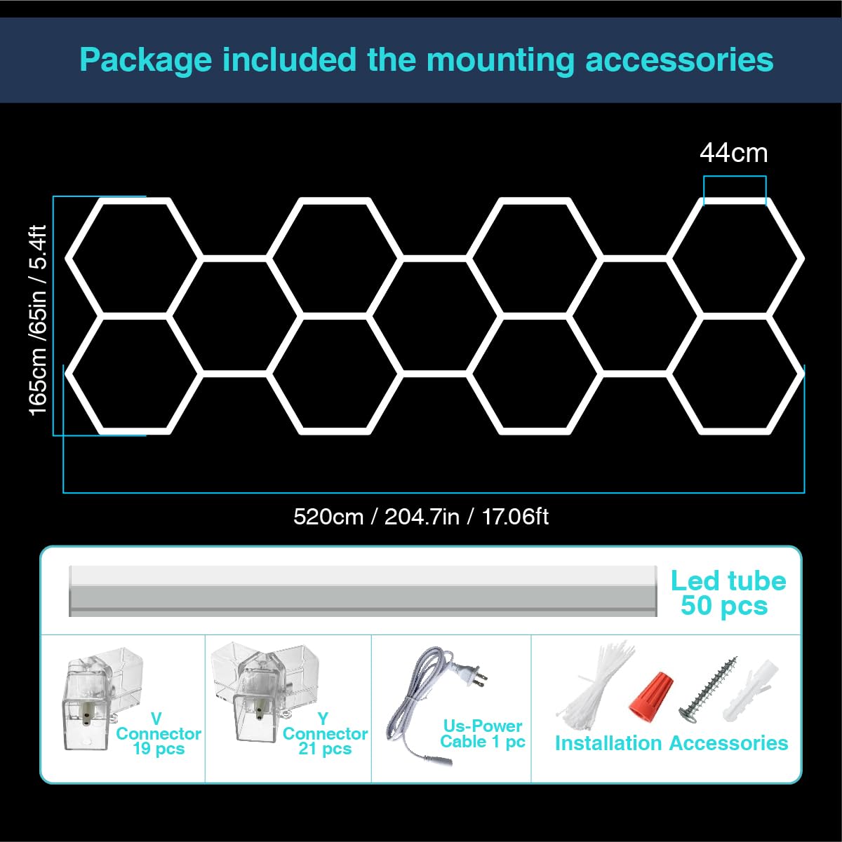 Cezelux Hexagon Led Lights Garage Light,11 Honeycomb 50Packs Tubes 6500K 400W 5.2X1.65M, Hexagon Ceiling Light For Gym Basement Warehouse Auto Beauty Shop Car Detailing Salon (Hexagon-11)