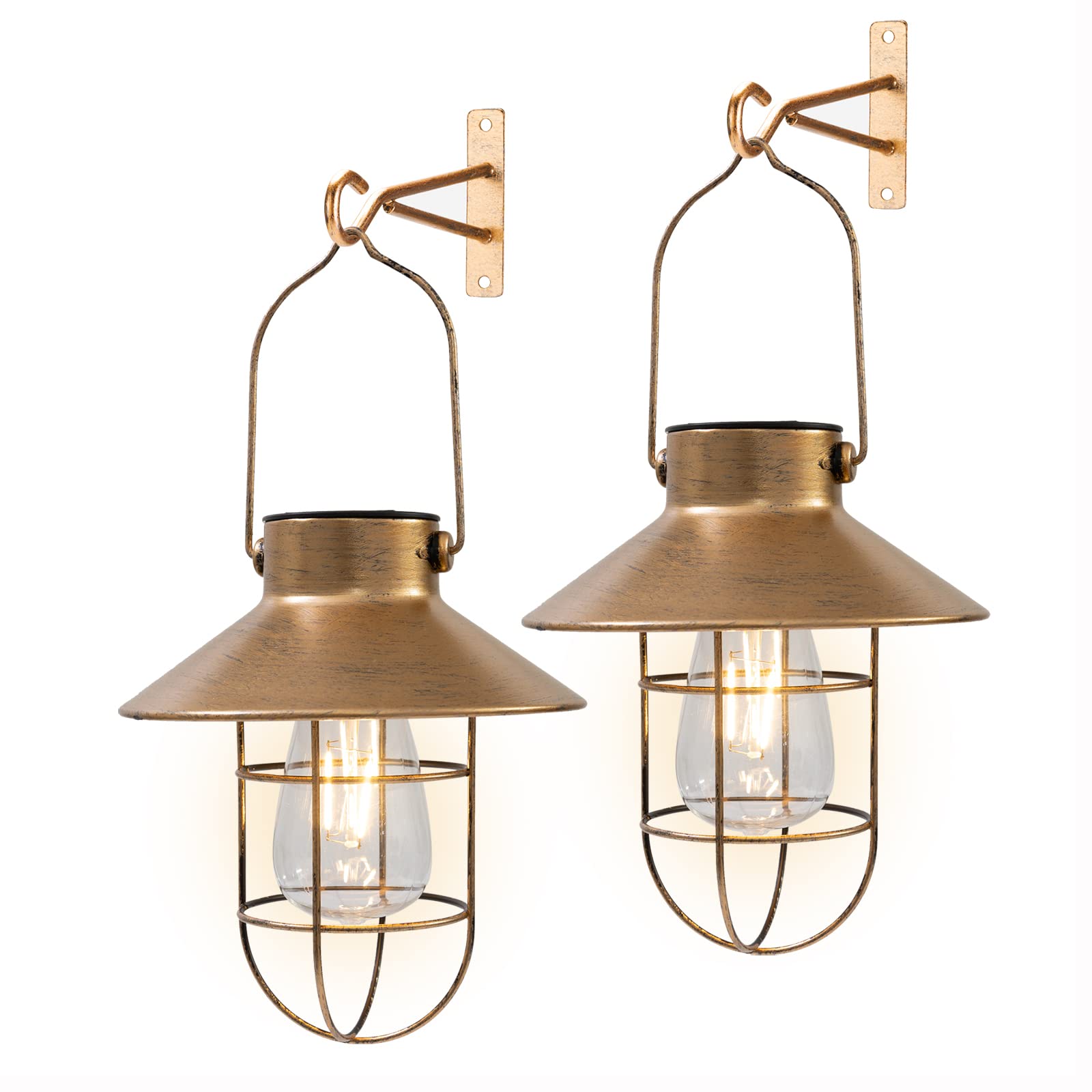 Pearlstar Solar Lanterns Outdoor Metal Solar Powered Hanging Lights Waterproof For Barn Wall Yard Garden Patio Garage Balcony Porch Fence Decor, Warm White Edison Bulb (Copper-2Pack)