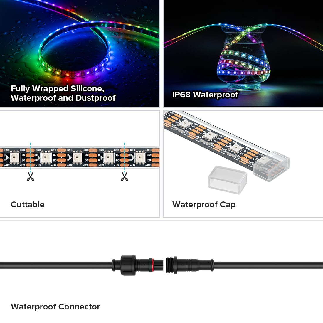 BTF-LIGHTING WS2815 RGB LED Strip 16.4ft 300LEDs IP68 Waterproof Black PCB