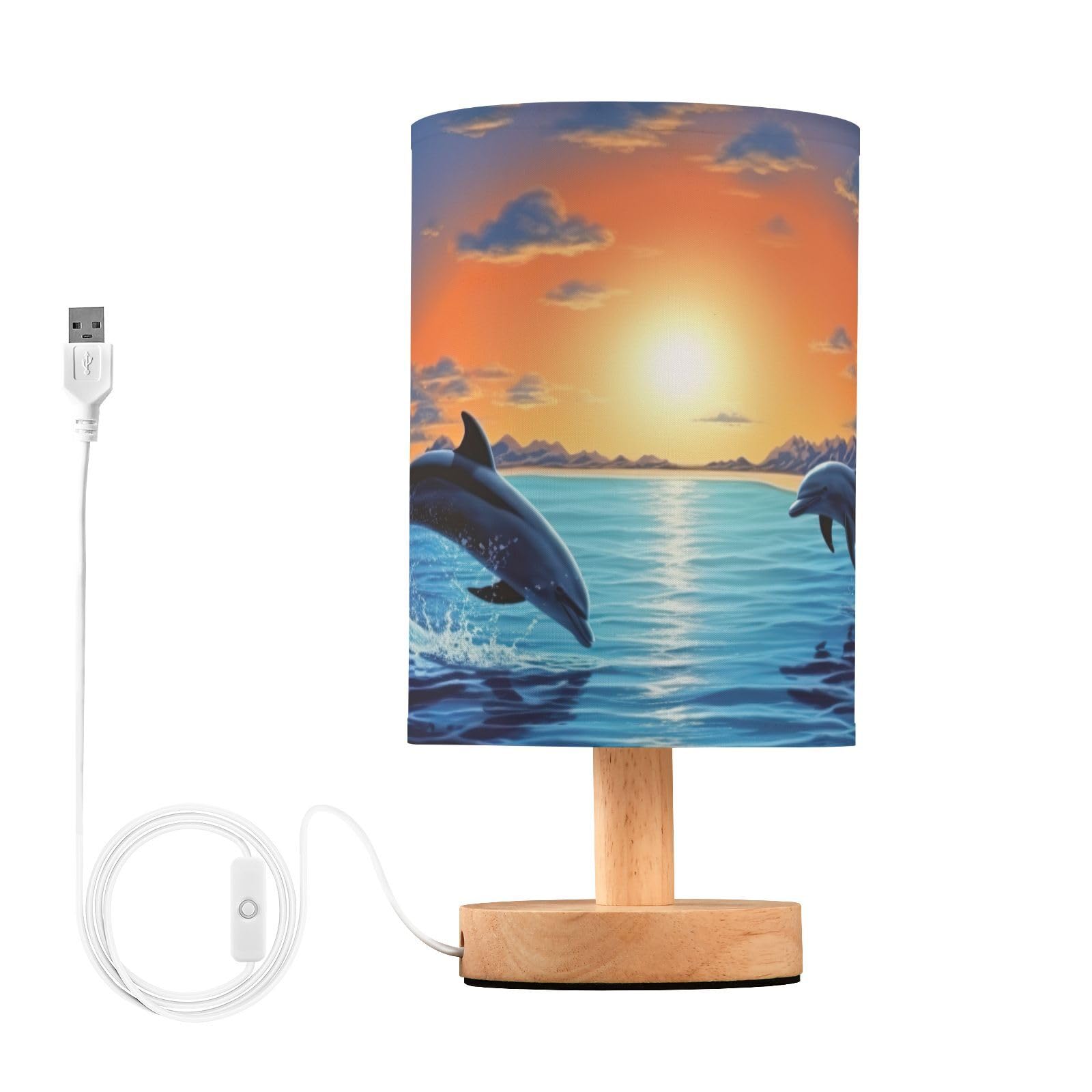 Coikll Dolphin Table Lamp Bedside with USB Ports Nightstand Lamps with Fabric Lampshade for Reading, Bedroom, Living Room Home O